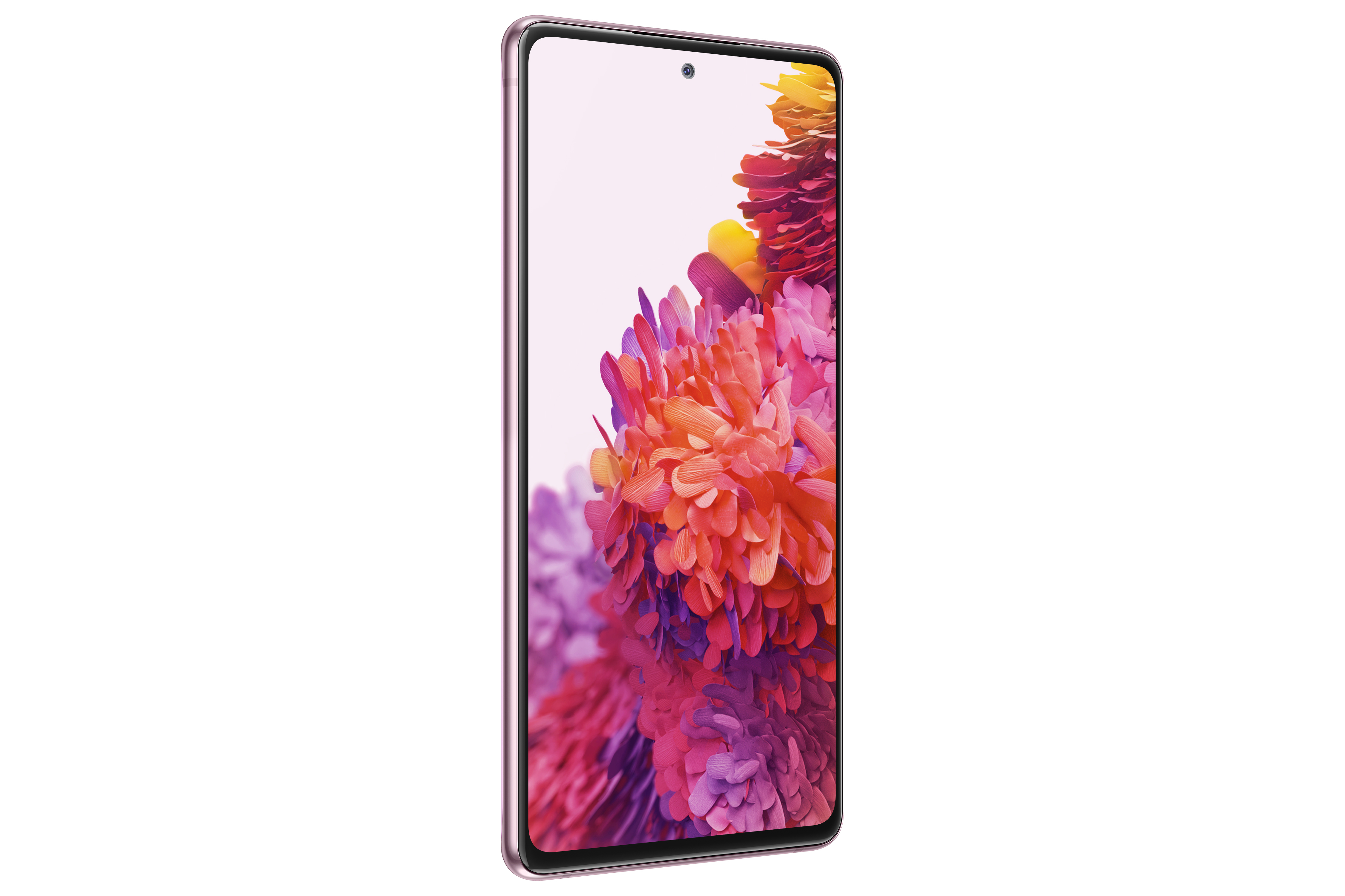 Ein pinkfarbenes Samsung Galaxy S20 FE Smartphone, abgewinkelt, um den Bildschirm mit bunten Blumen zu zeigen.