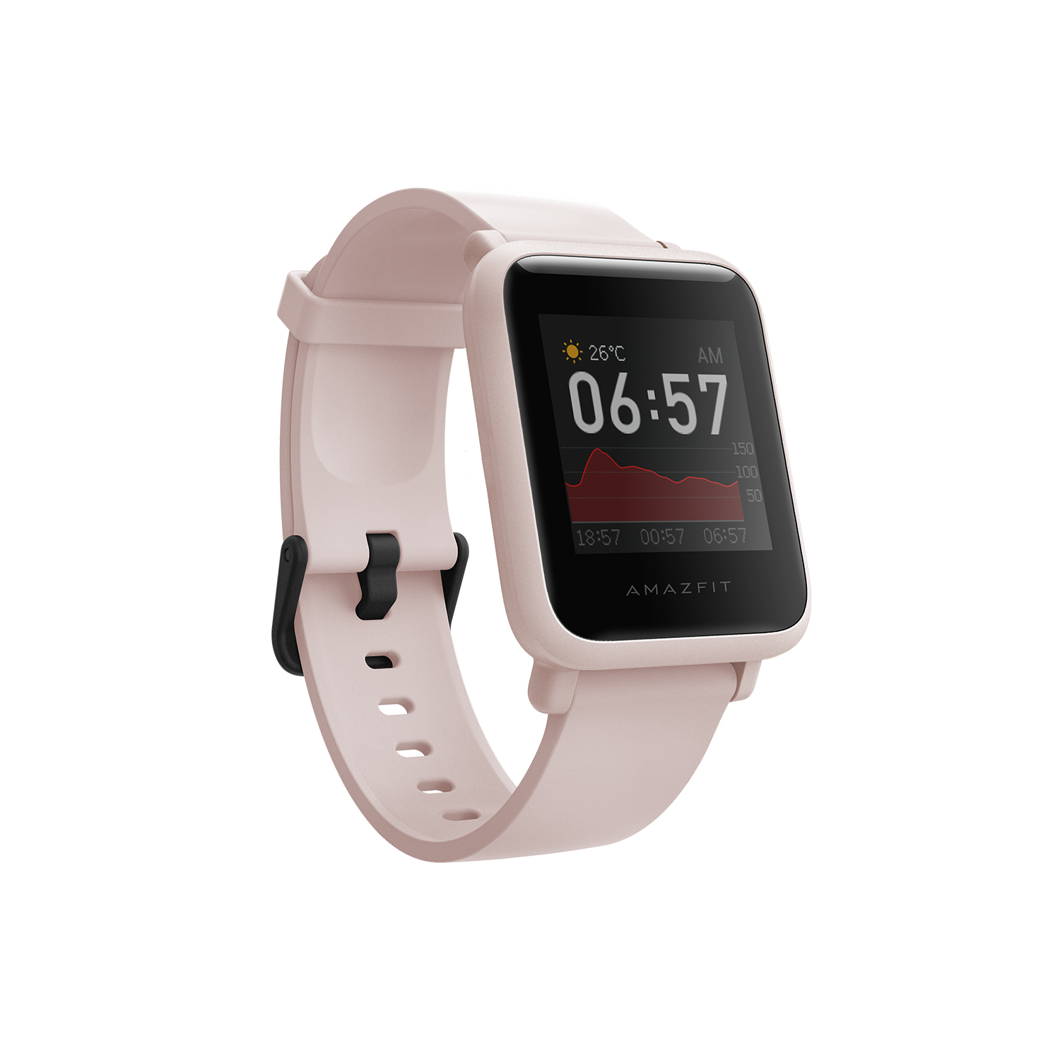 Różowy smartwatch Amazfit z czarnym paskiem, wyświetlający czas i tętno.