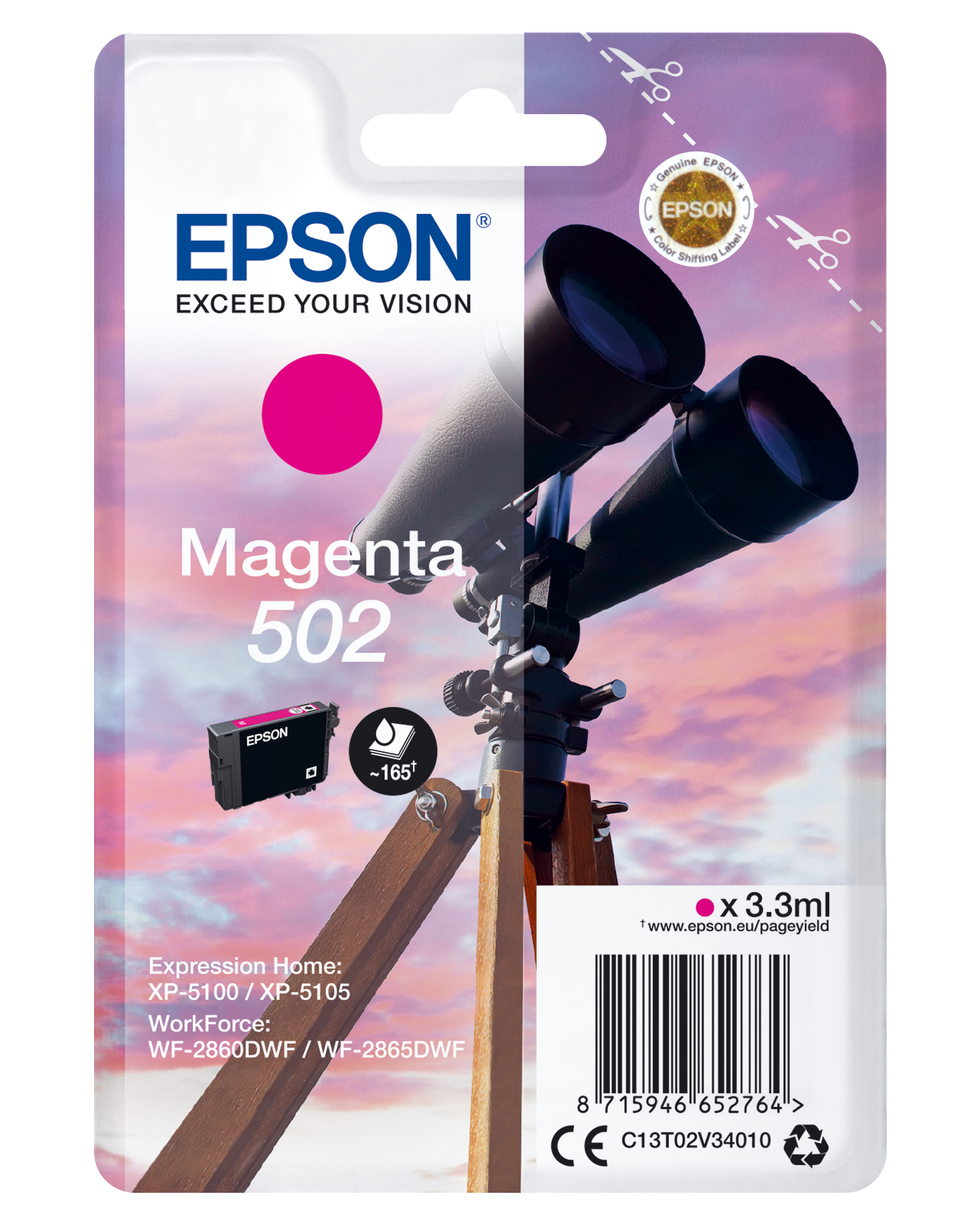 Opakowanie wkładu atramentowego Epson magenta z grafiką teleskopu i wkładem magenta.