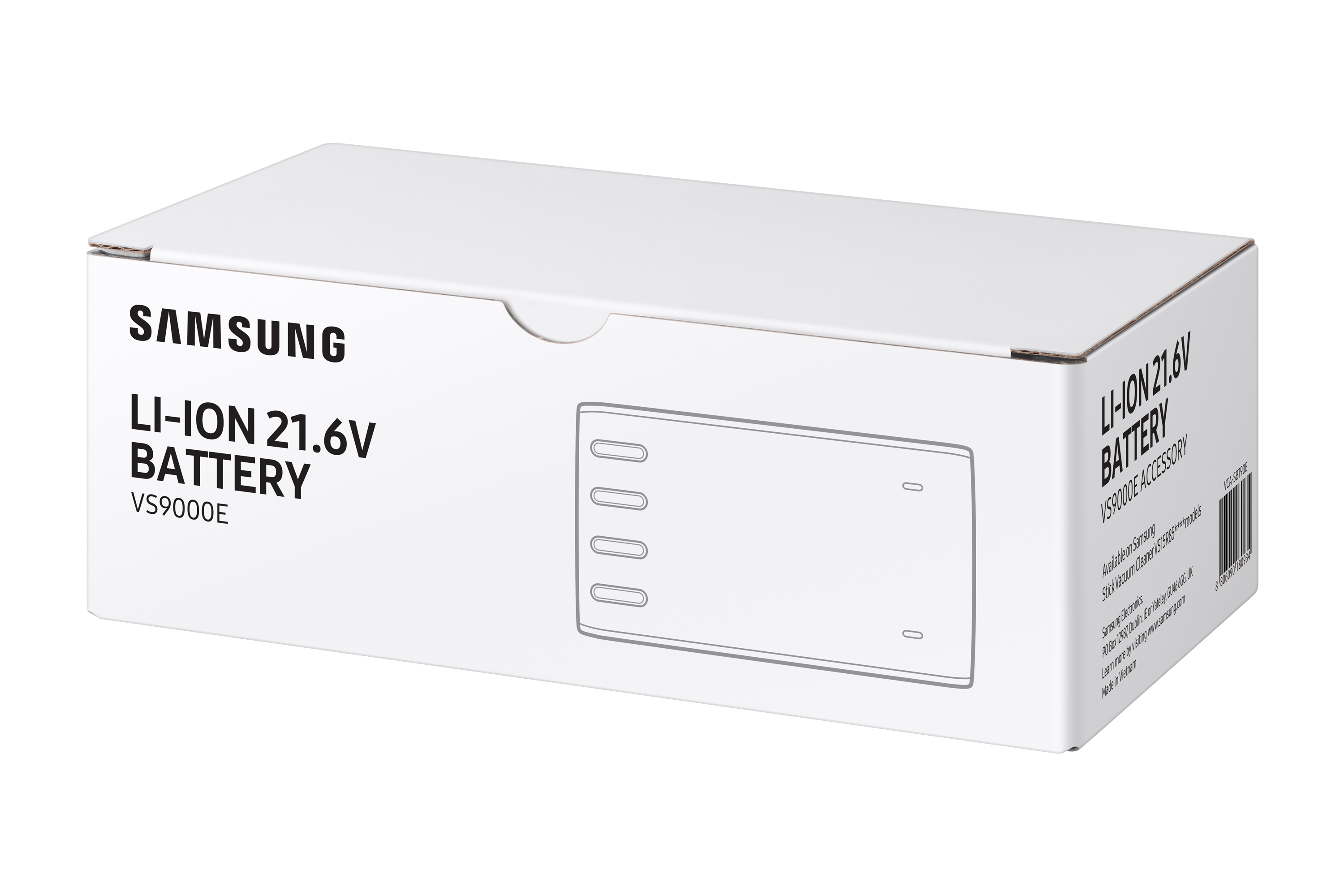 Scatola bianca batteria Samsung Li-ion 21.6V con diagramma batteria su sfondo bianco.