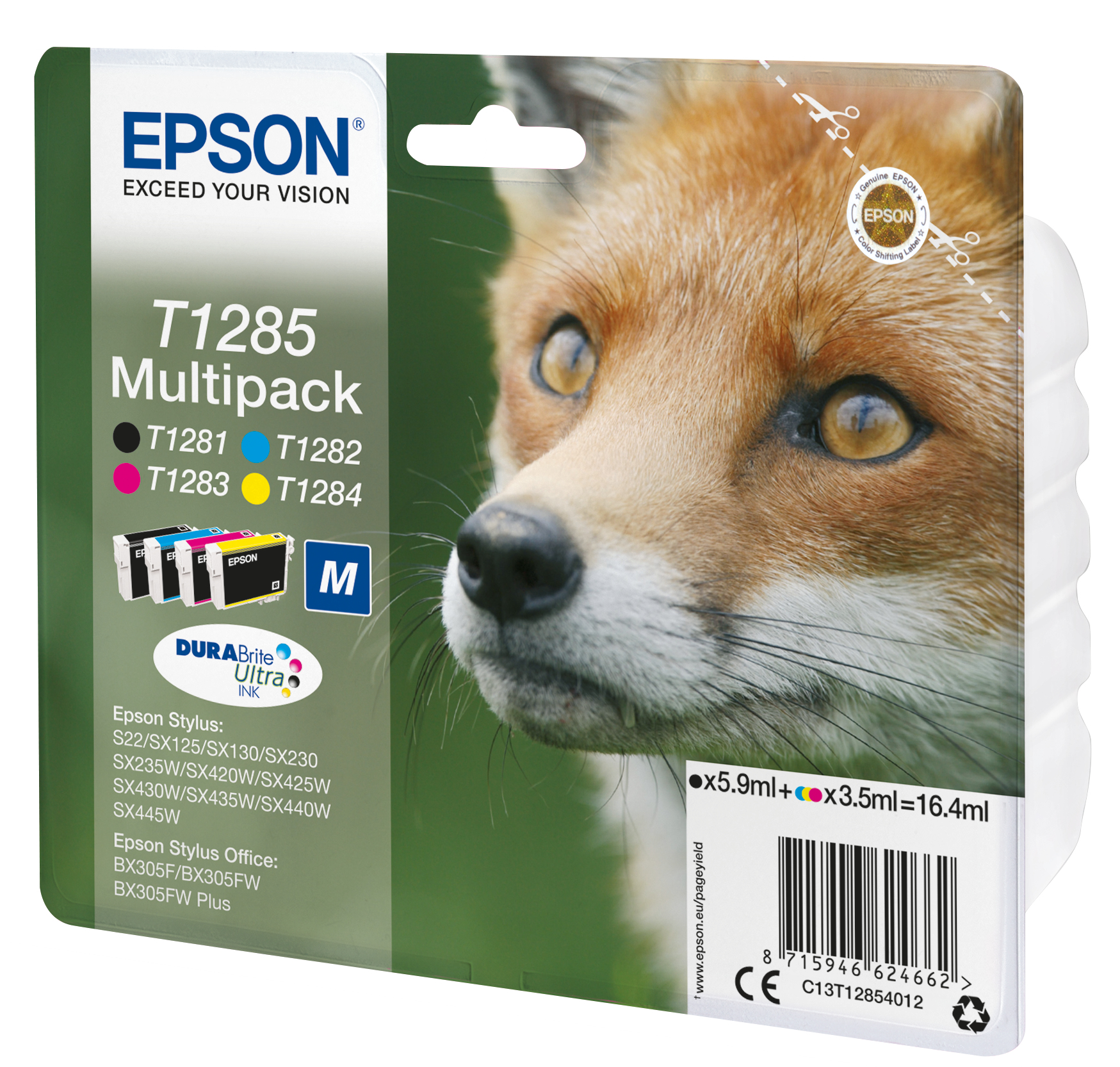 Cartridgepack met een vos-afbeelding. Inclusief inktkleuren en Epson-logo.