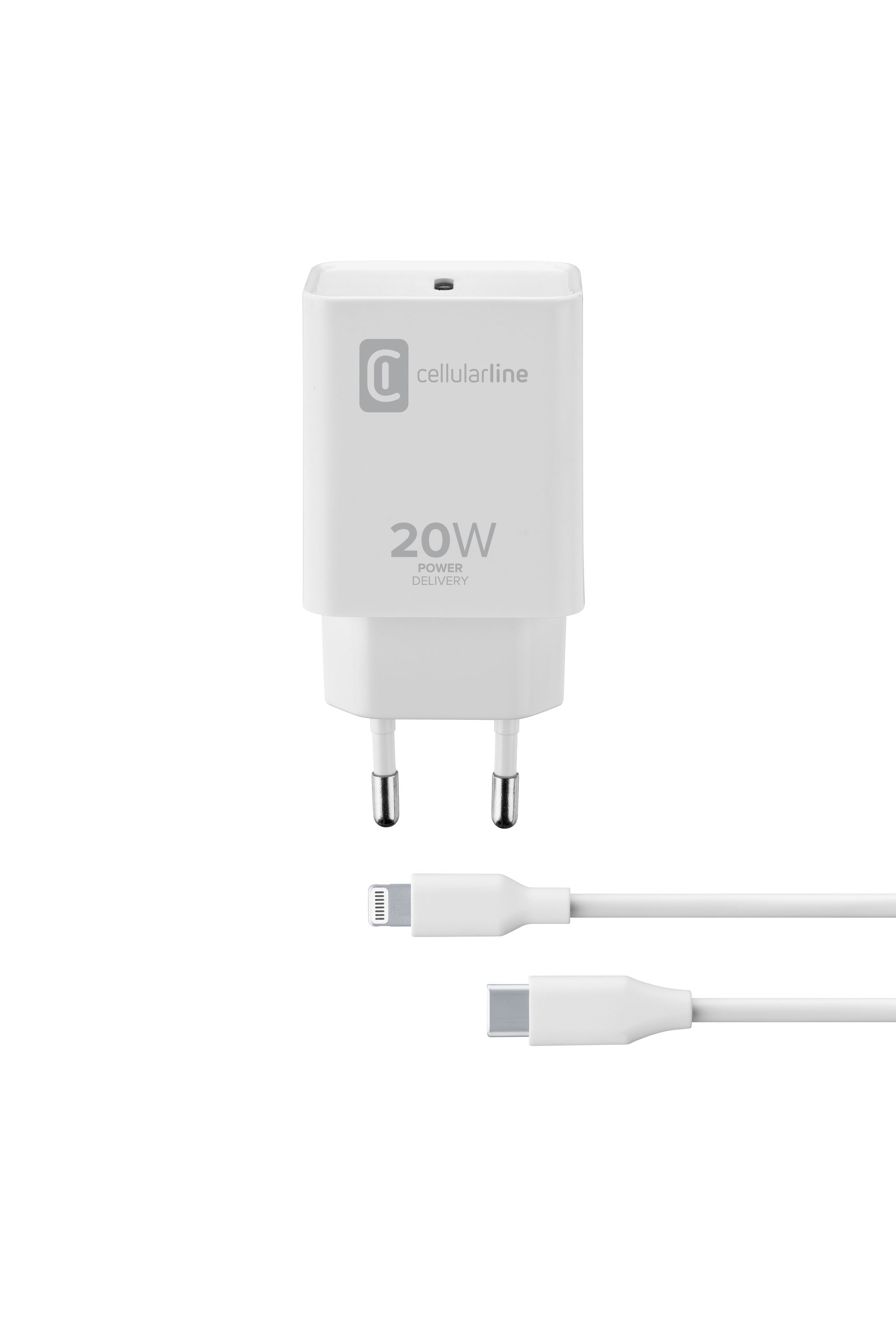 Weißes Telefonladegerät und zwei Kabel. Text: 20W Power Delivery.
