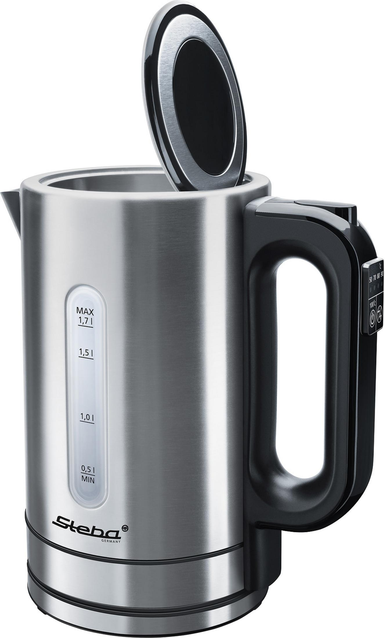 Bollitore elettrico in acciaio inox con coperchio aperto. Manico nero.