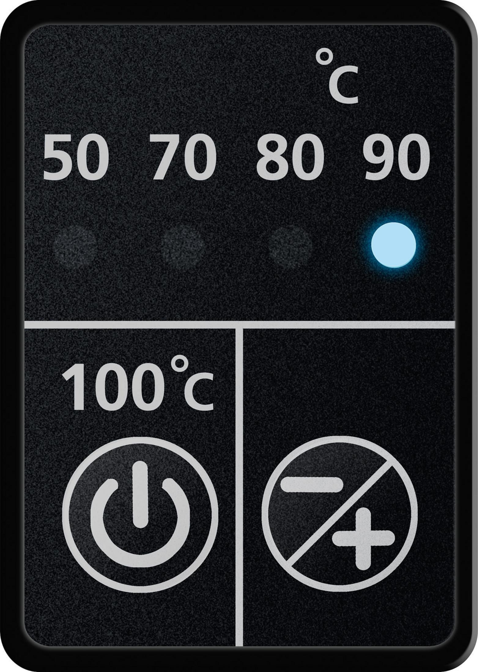 Pannello di controllo nero con impostazioni di temperatura e opzioni di alimentazione con luce blu.