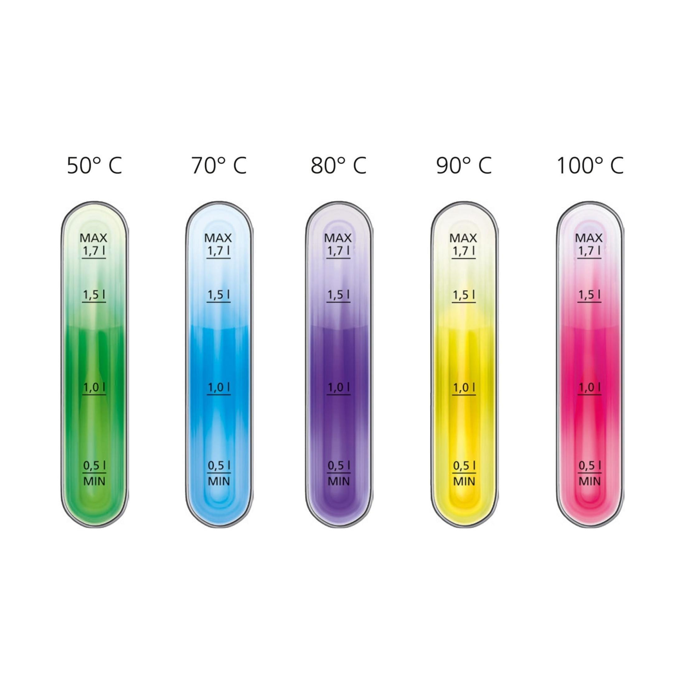Cinque provette con liquidi colorati che indicano temperature da 50°C a 100°C.