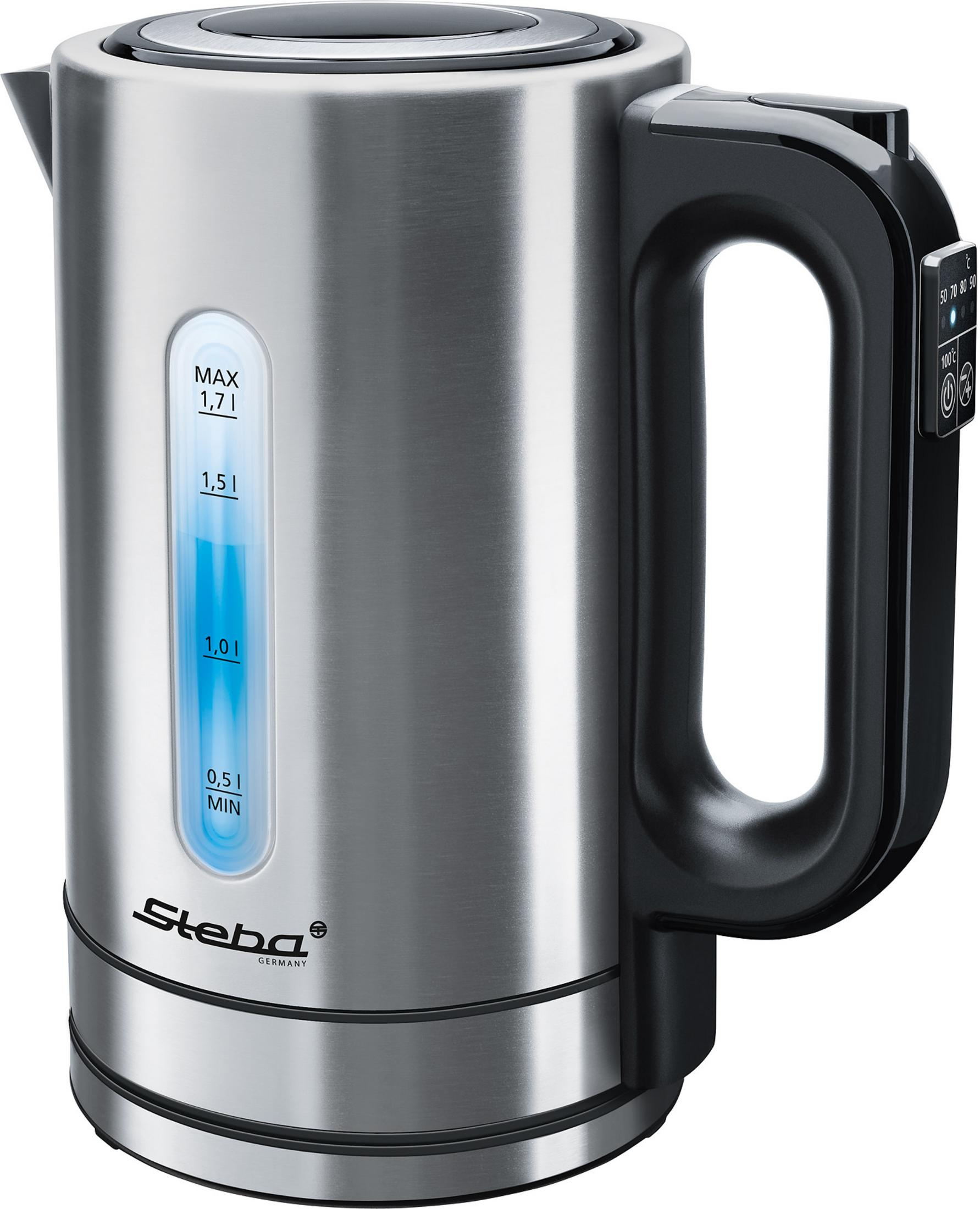 Bollitore elettrico in acciaio inossidabile con manico nero e indicatore del livello dell'acqua blu.