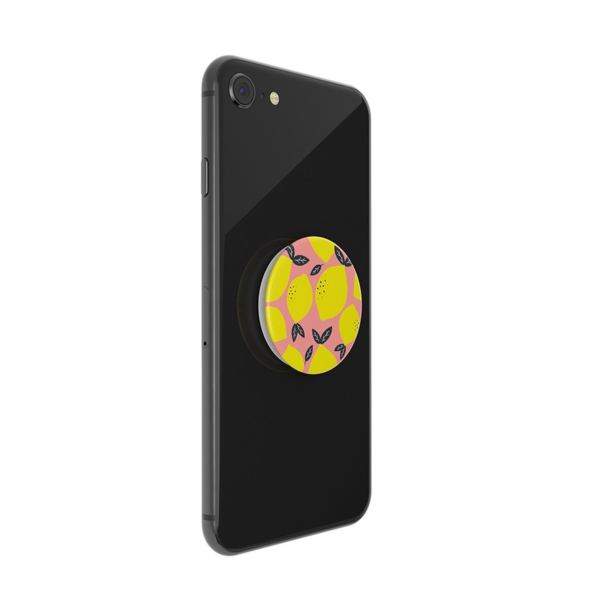 Smartphone negro con pop socket. Patrón de limón en un círculo rosa.