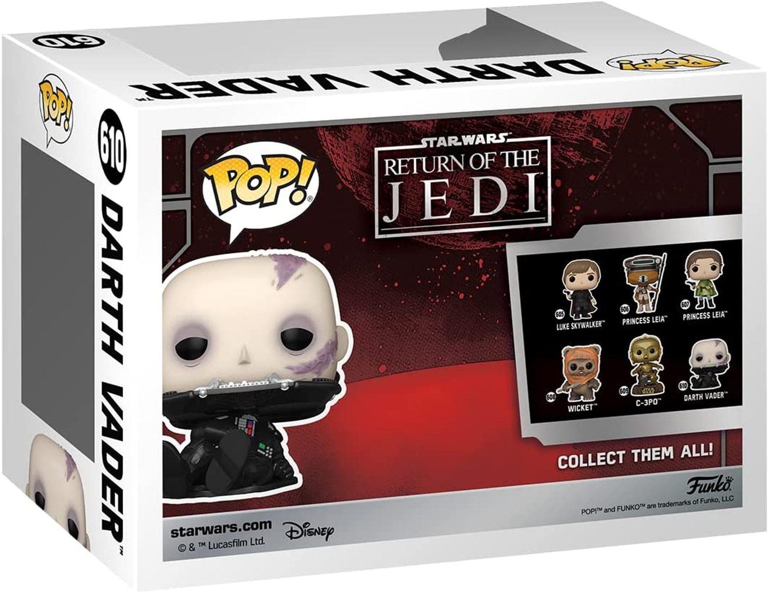 Scatola di un personaggio Funko Pop di Darth Vader con immagini di altri personaggi di Star Wars.