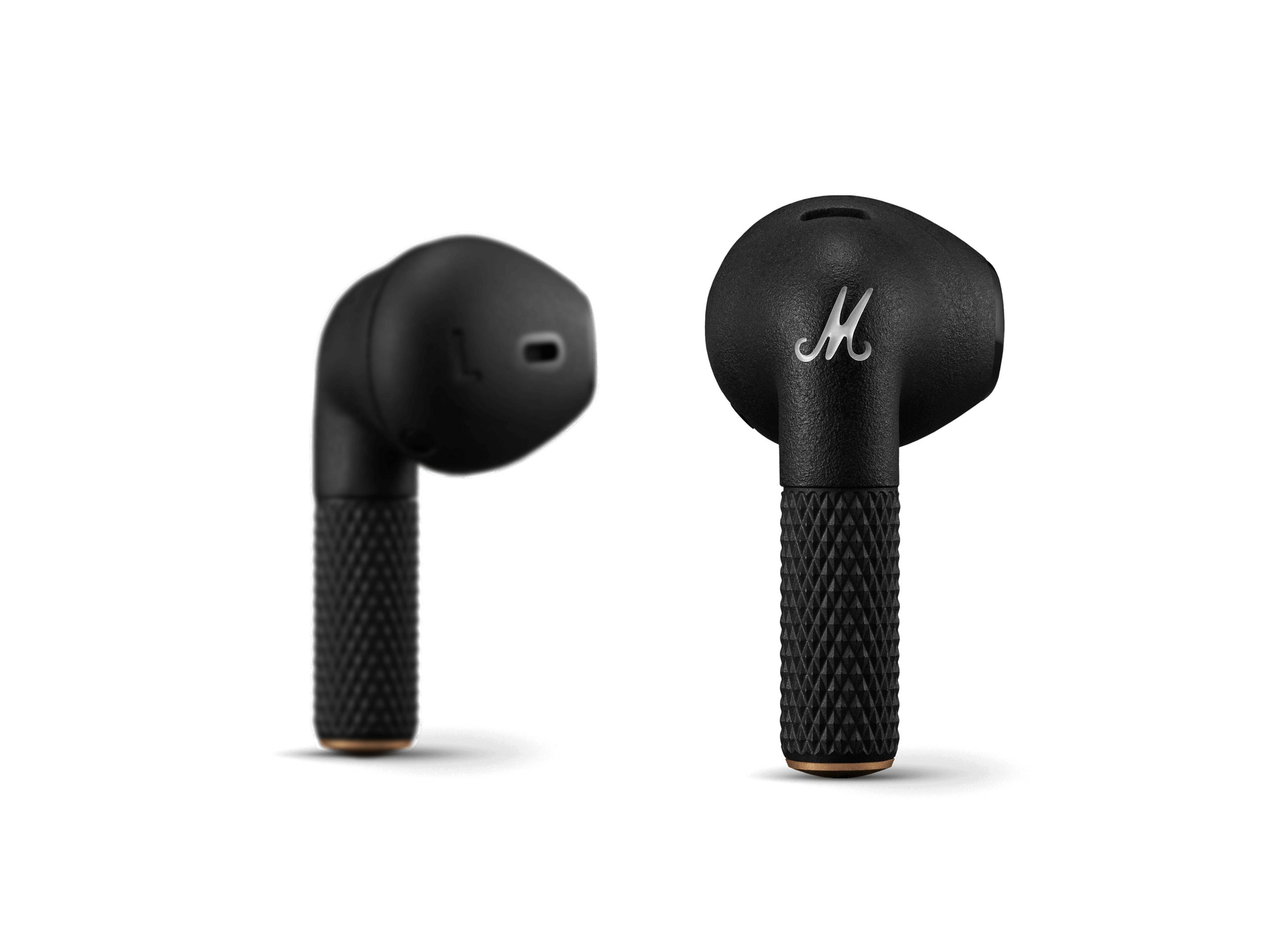 Dos auriculares Marshall negros. Cada uno tiene un mango texturizado. El izquierdo está en ángulo y el derecho tiene un logo M.