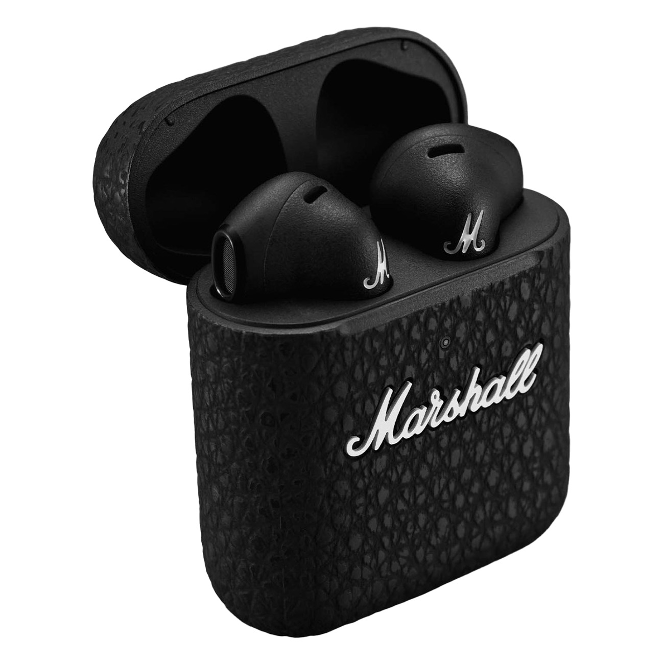 Auriculares Marshall negros en su estuche. El nombre de la marca es visible.