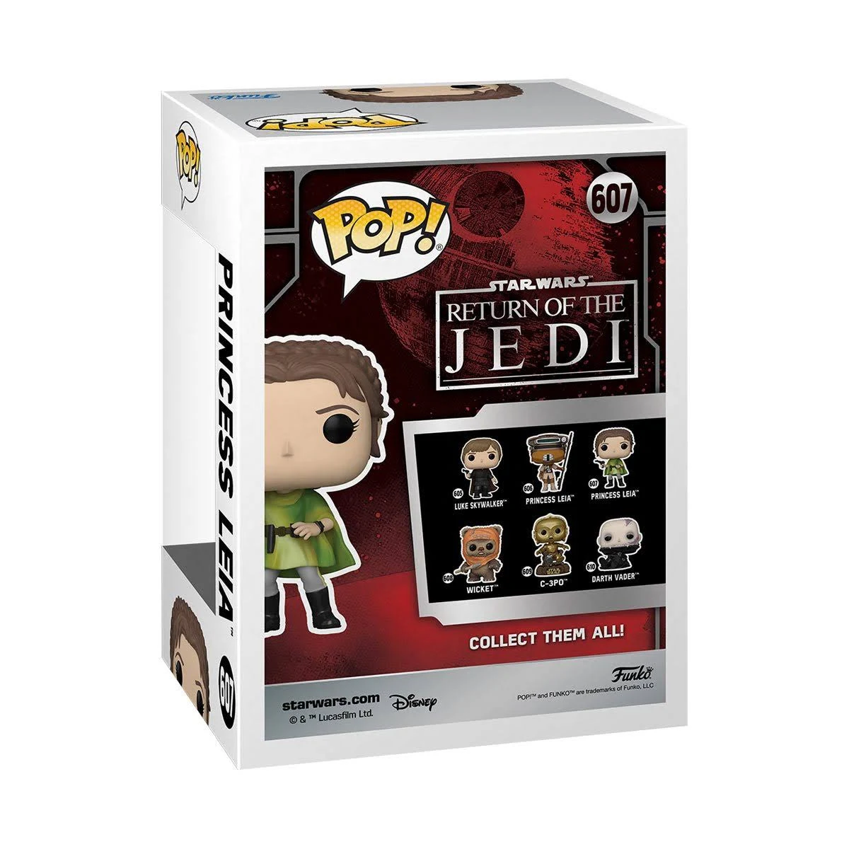 Una caja Funko Pop de la Princesa Leia de Star Wars. La caja muestra la figura y otros personajes de El Retorno del Jedi.