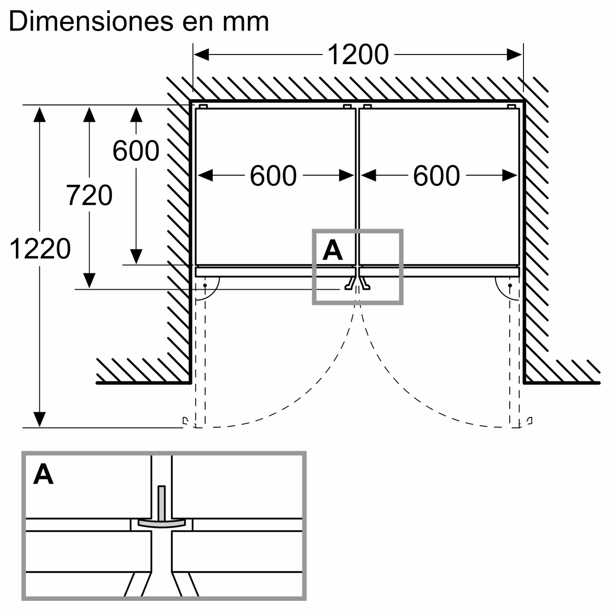 Rysunek techniczny przedstawiający wymiary w mm konstrukcji z dwoma drzwiami.