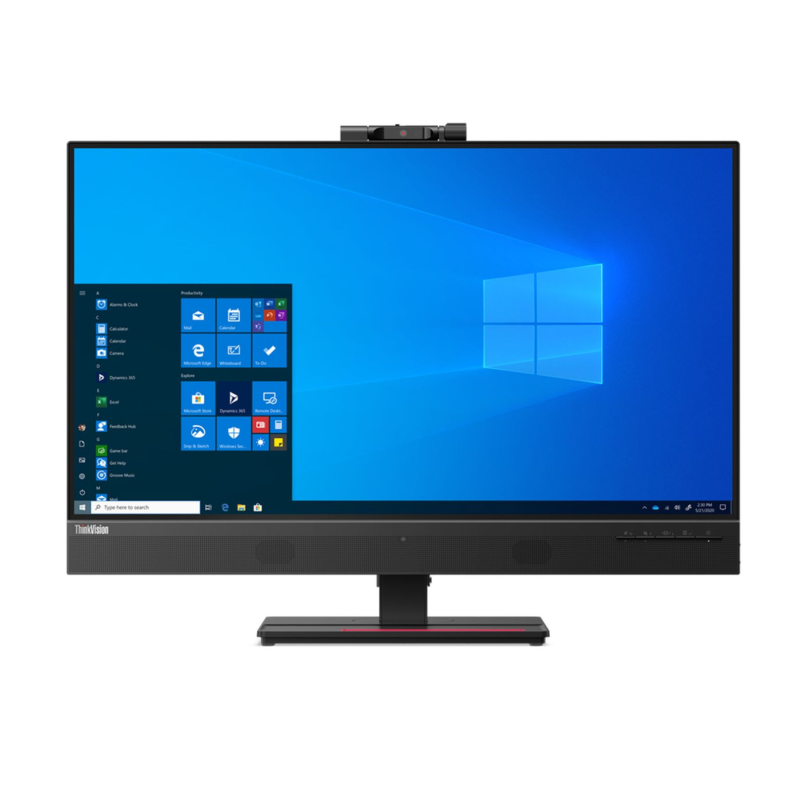 Computer all-in-one Lenovo ThinkVision. Lo schermo mostra l'interfaccia Windows. Base e monitor neri.