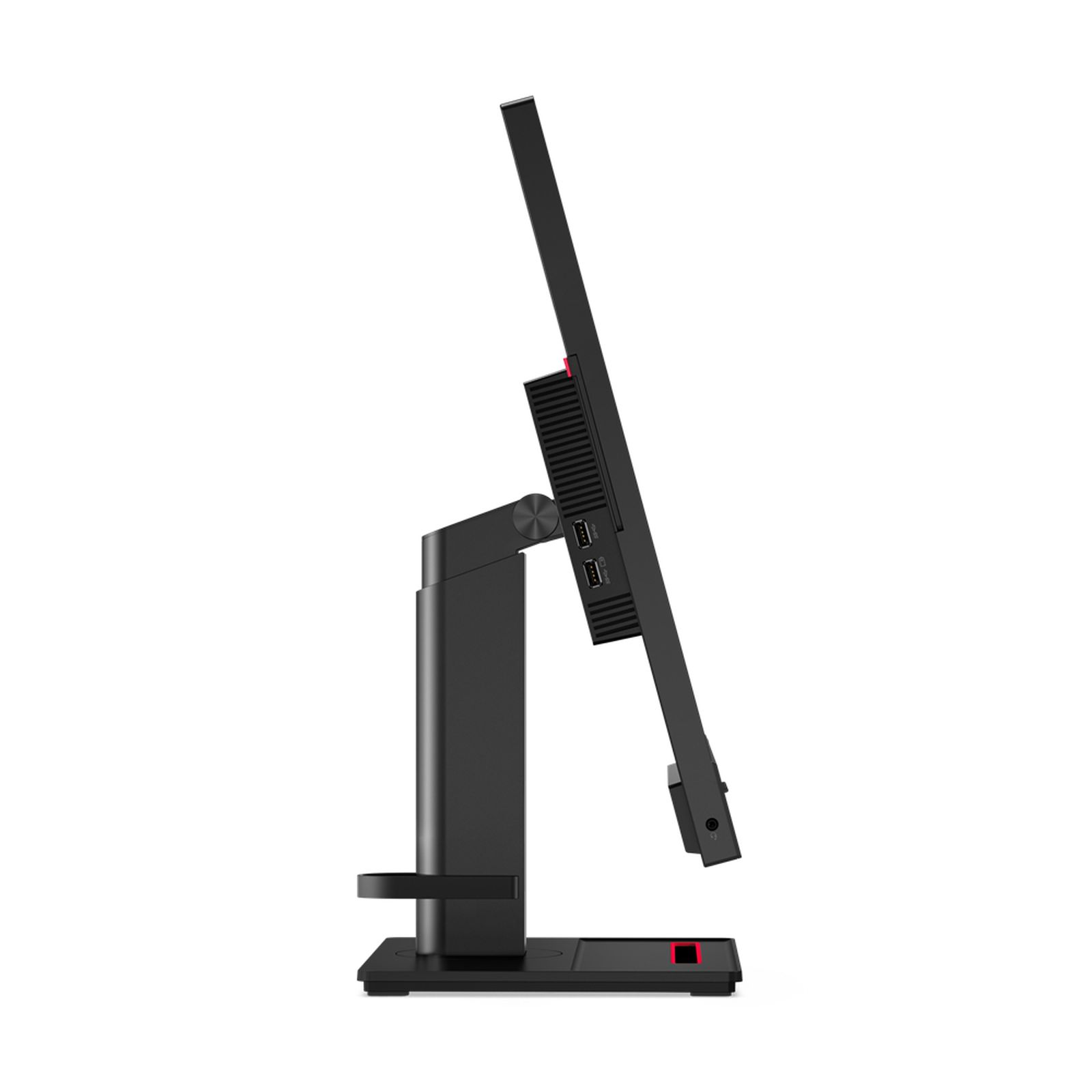 Un monitor per computer nero con un supporto, inclinato di lato. La parte posteriore ha delle porte.