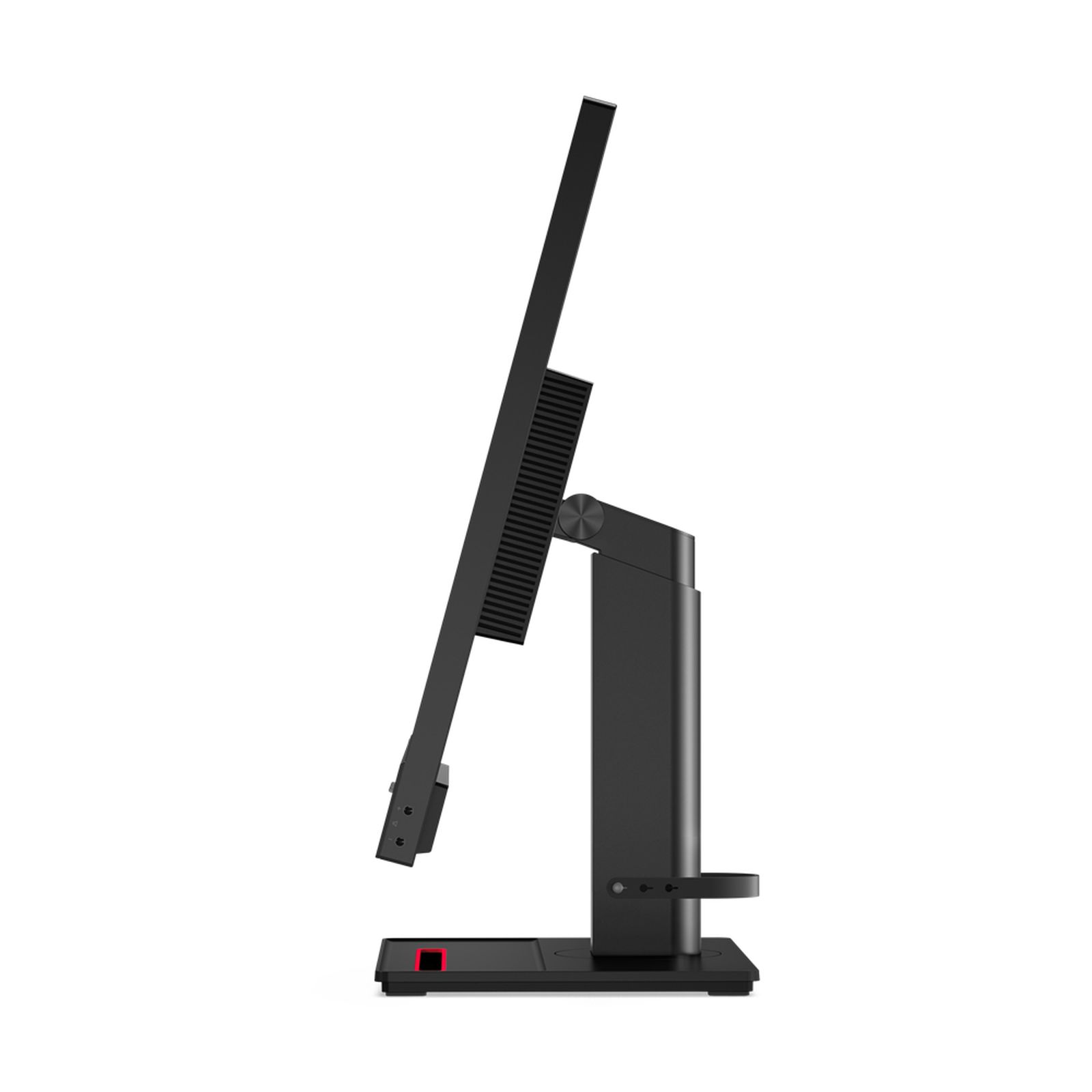 Un monitor per computer nero di profilo su sfondo bianco. Il supporto è nero e la base rossa.