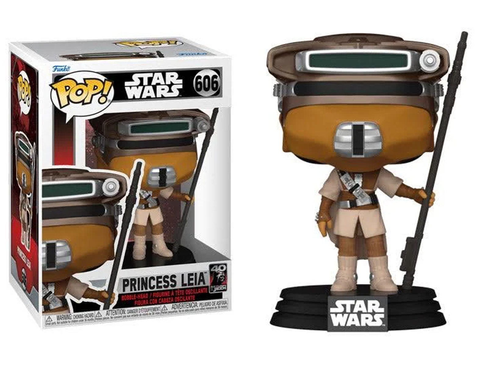 Figura Funko Pop de la Princesa Leia de Star Wars con caja sobre fondo blanco.