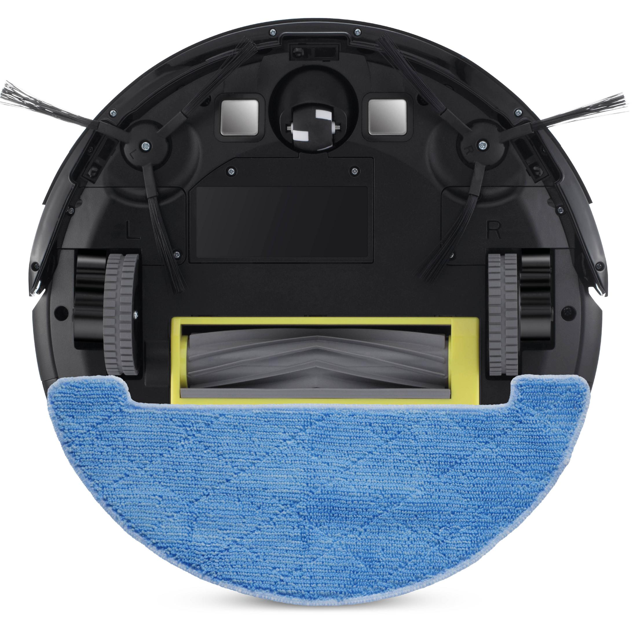 Eine Ansicht von unten eines Roboter-Staubsaugers mit Reinigungsbürsten und einem blauen Wischmopp.