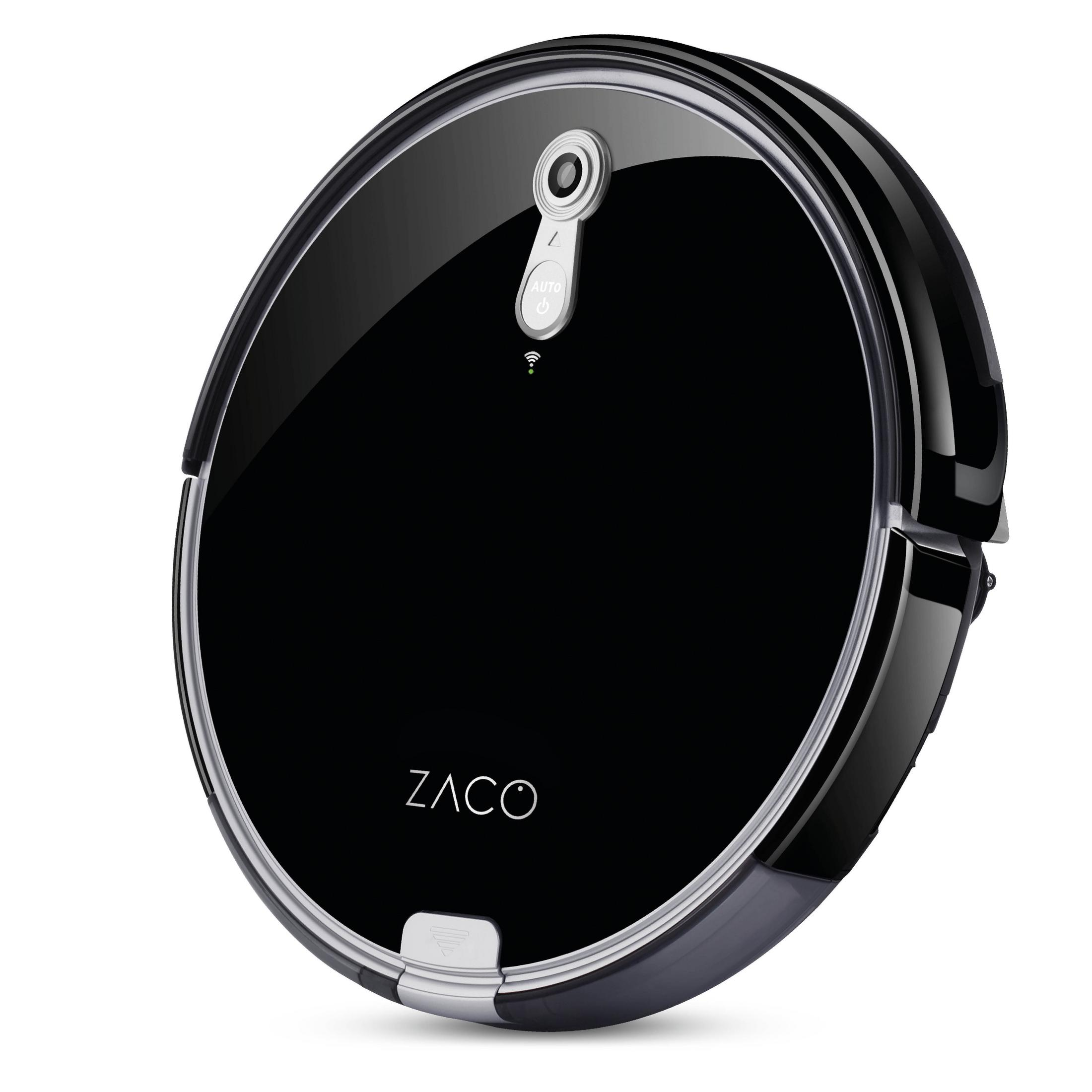 Schwarzer Roboter-Staubsauger auf weißem Hintergrund. Mit Zaco-Logo und Power-Taste.