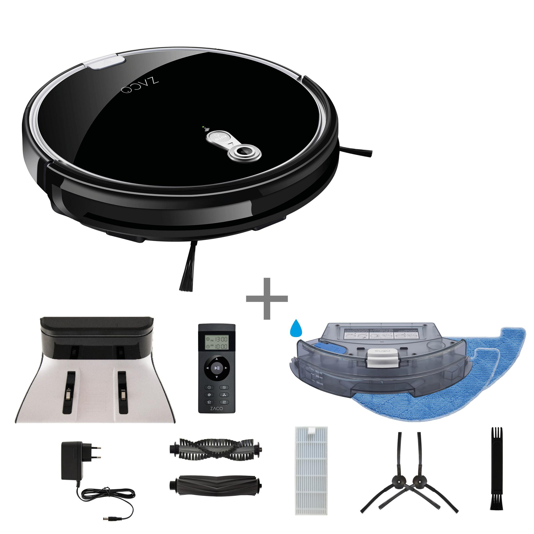 Schwarzer Zaco Roboter-Staubsauger mit Zubehör. Es hat eine Ladestation, Fernbedienung und Bürsten.