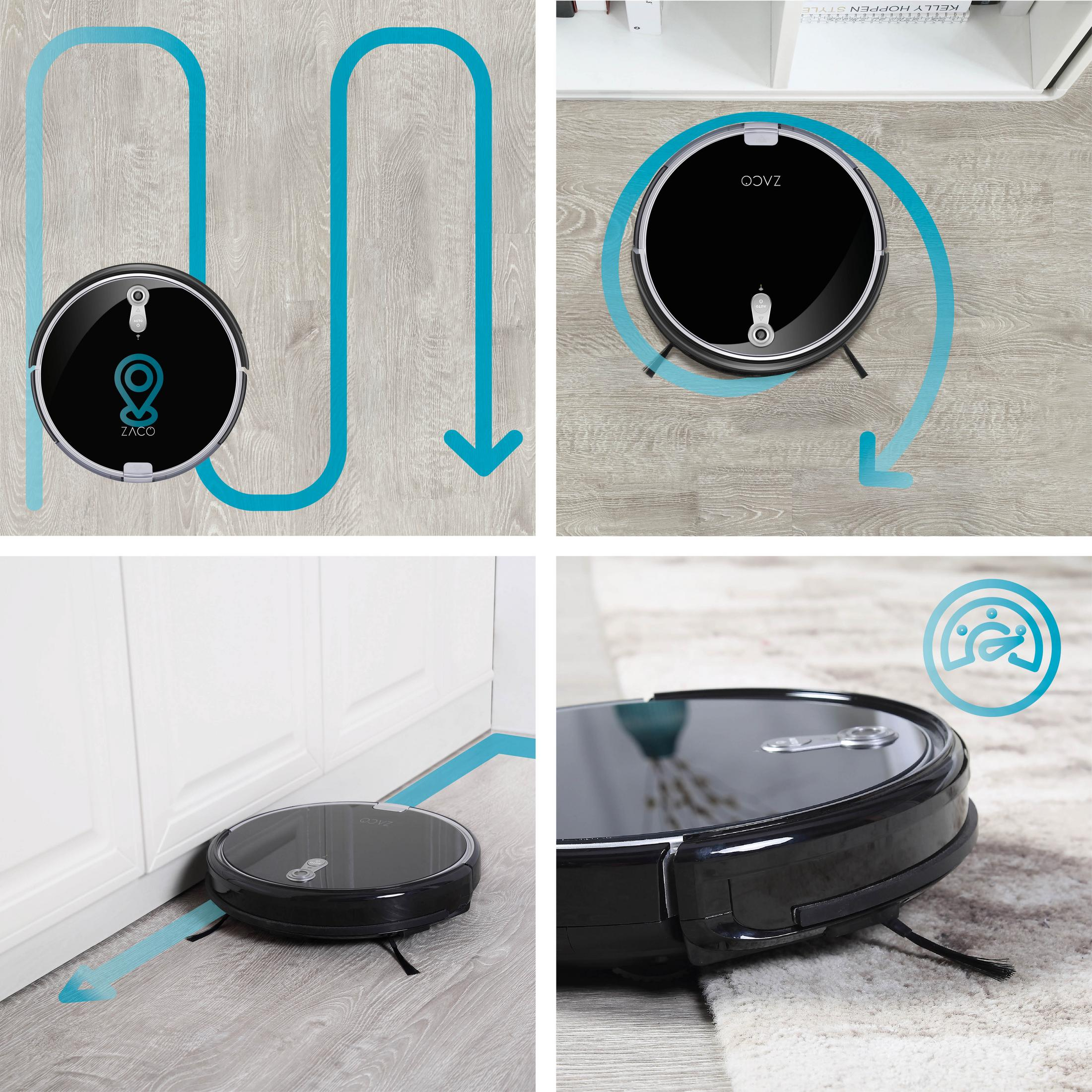 Ein Roboter-Staubsauger in Aktion, der einen Holzboden reinigt. Pfeile zeigen den Reinigungspfad an.