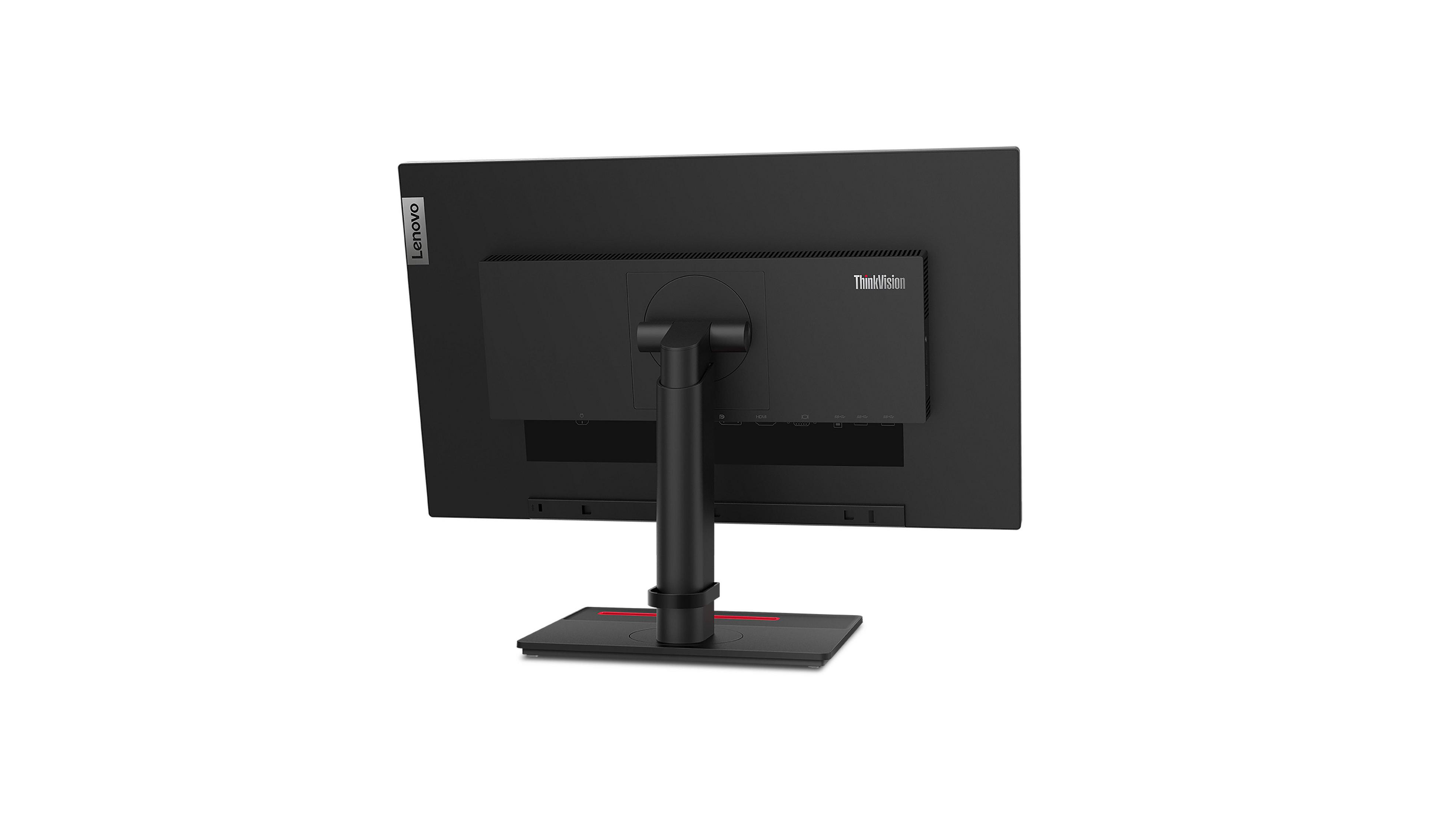 Rückansicht eines schwarzen Computermonitors. Ständer und Sockel sind sichtbar.