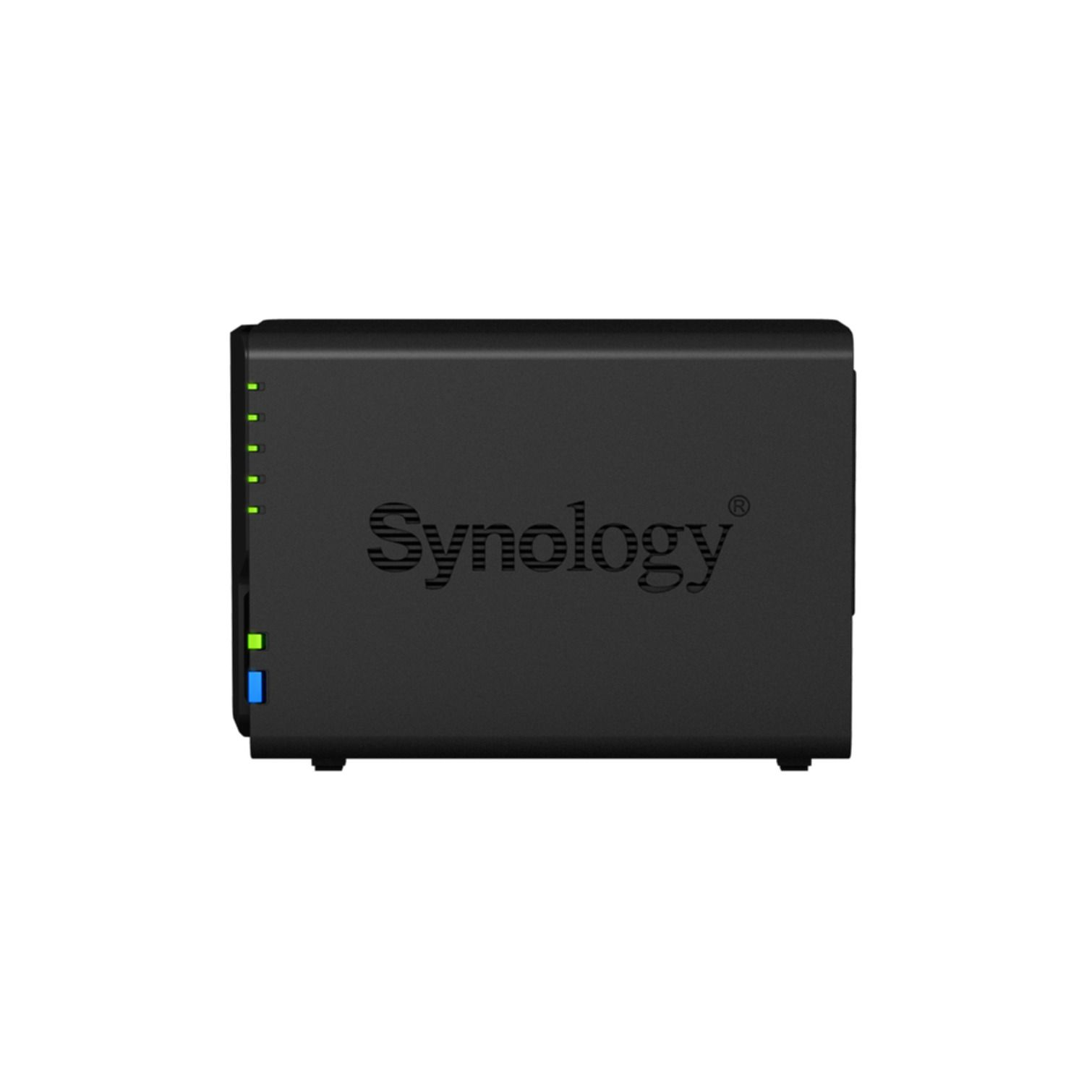 Schwarzes Synology NAS-Gerät mit Synology-Logo.
