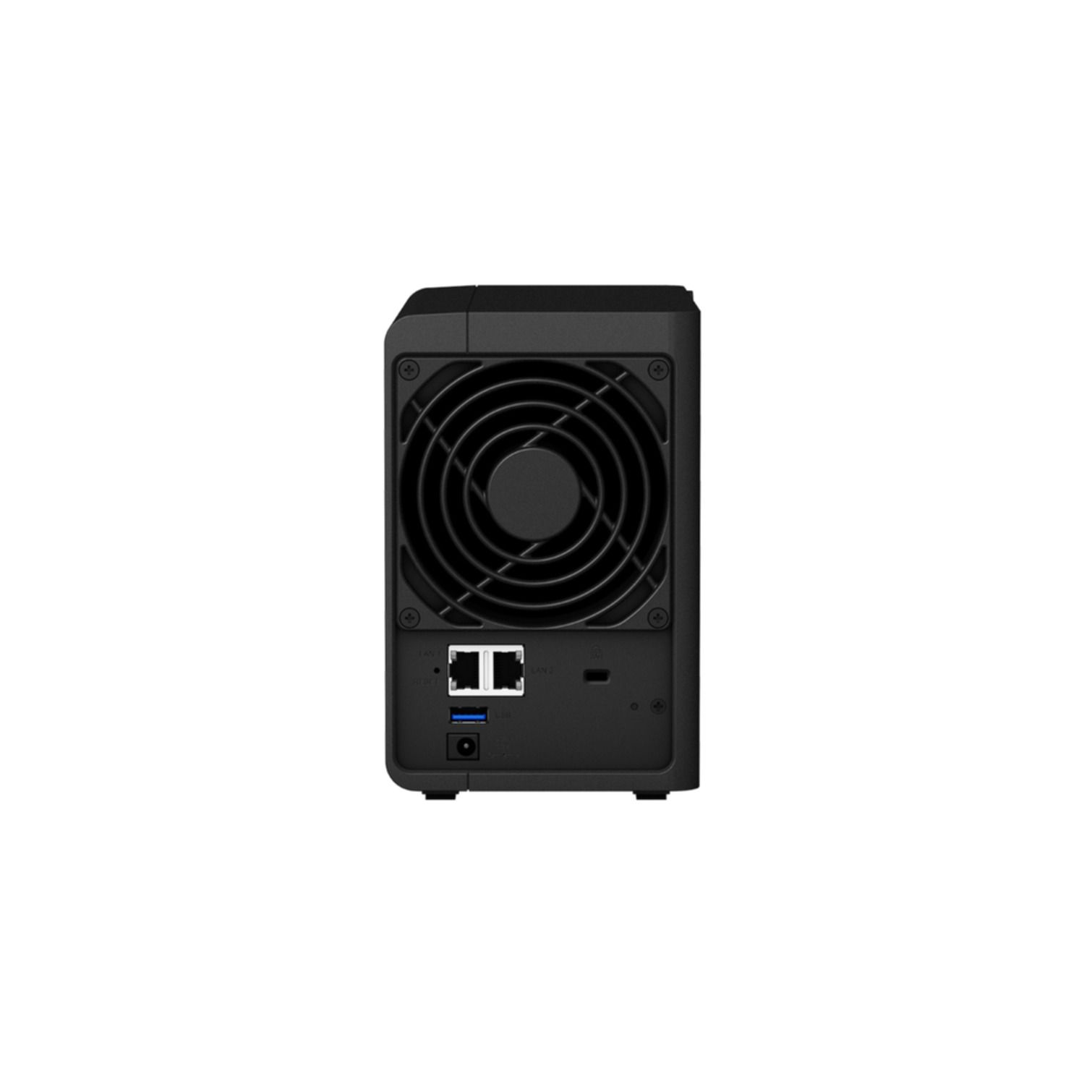 Rückseite eines schwarzen Synology NAS-Geräts mit Anschlüssen.