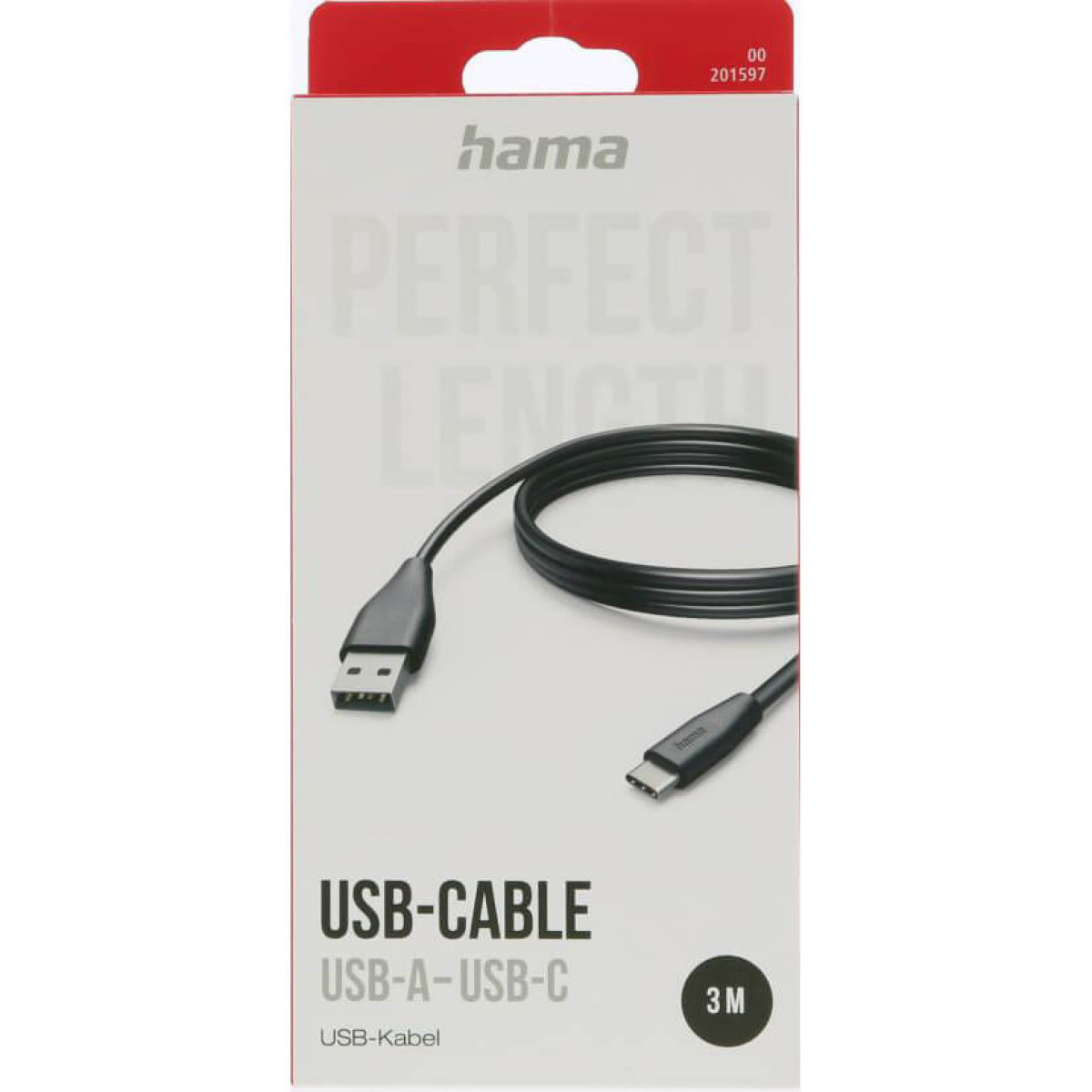 Verpakking toont een USB-A naar USB-C kabel. Het merk is Hama en de kabel is 3 meter lang.