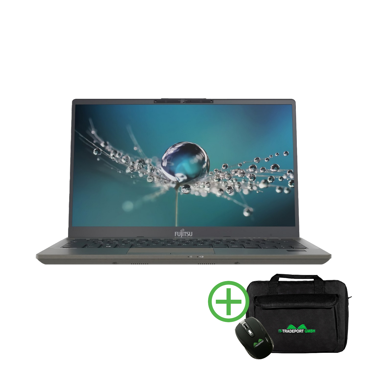 Grauer Laptop, Maus und Tragetasche auf weißem Hintergrund.