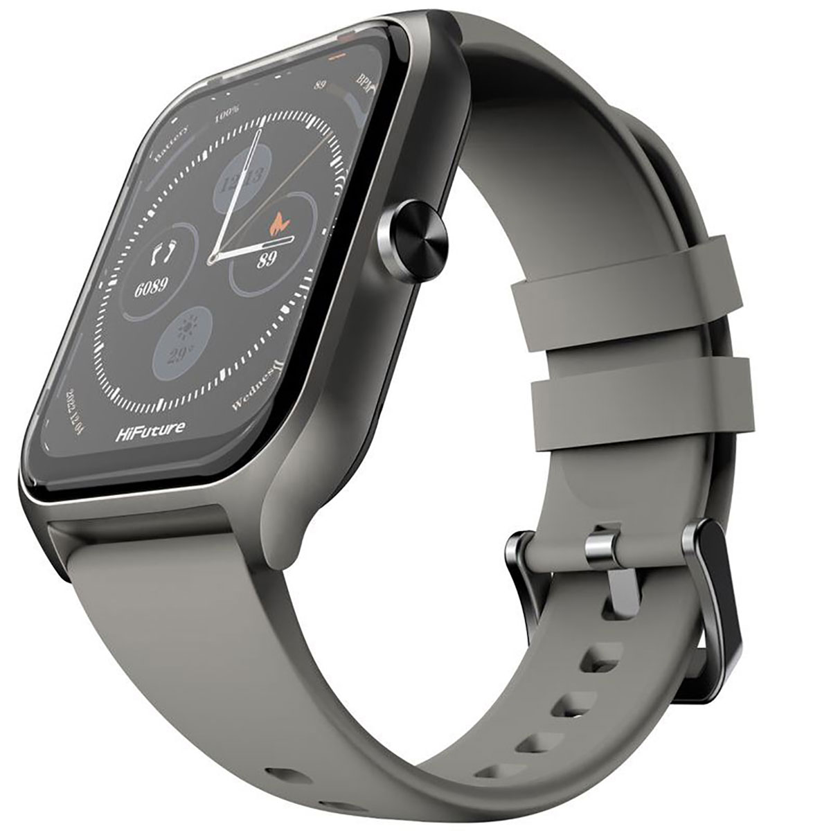 Eine graue Smartwatch mit grauem Armband, die die Uhrzeit und andere Metriken anzeigt.
