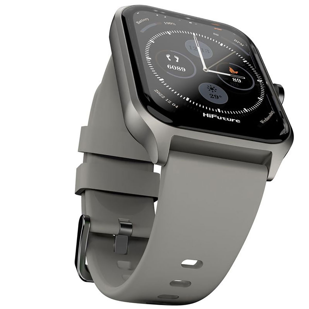 Graue HiFuture Smartwatch an einem grauen Armband. Die Uhr zeigt Zeit und Gesundheitsdaten.