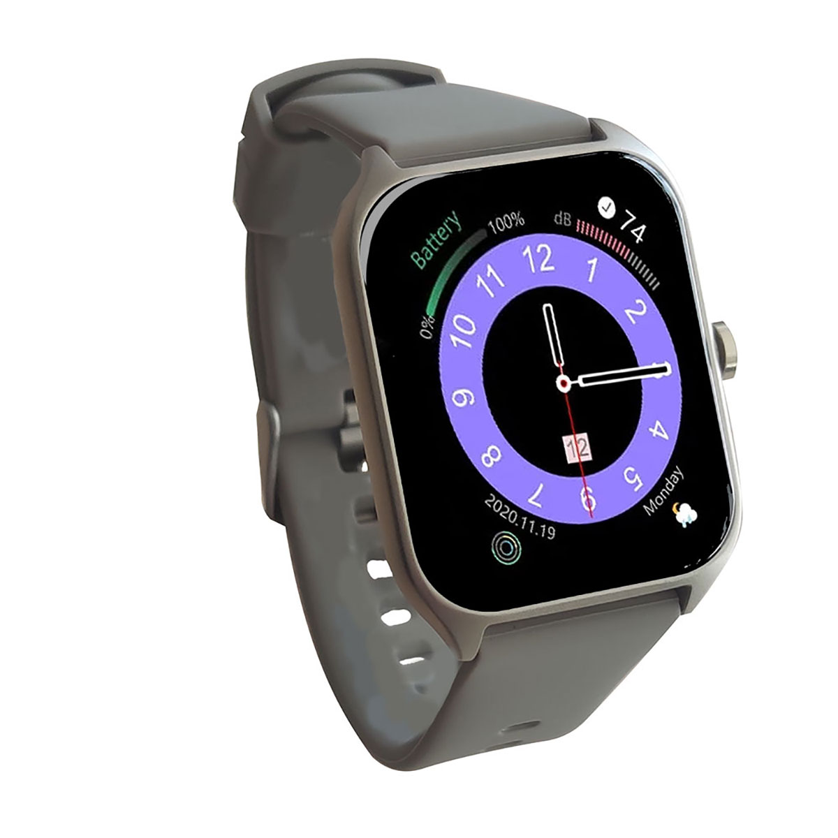 Eine graue Smartwatch mit quadratischem Zifferblatt, das Uhrzeit, Datum und Akkustand anzeigt.