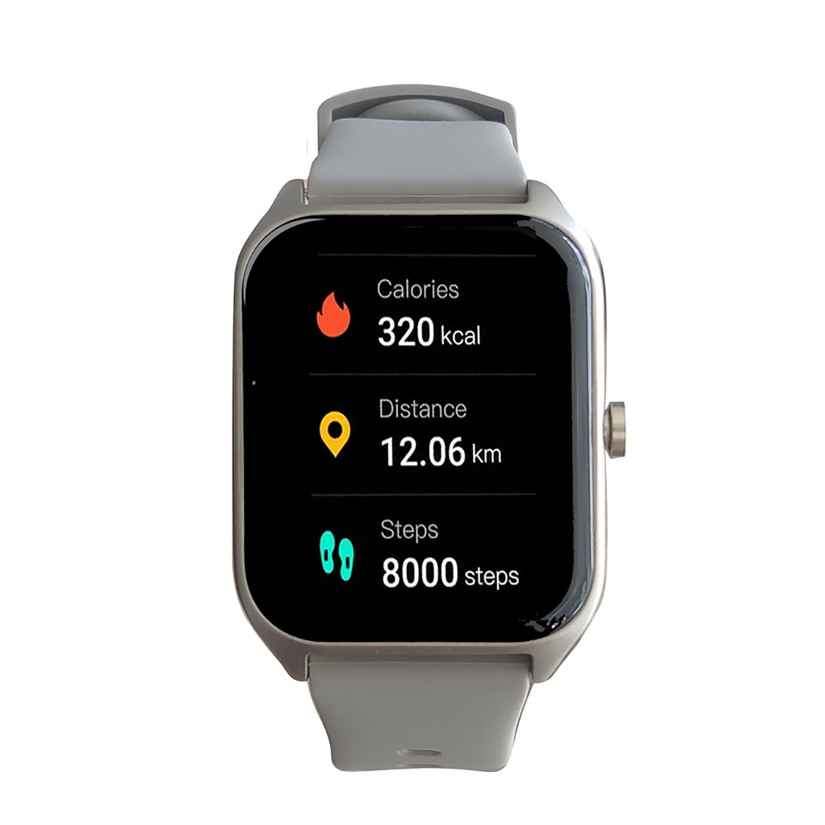 Eine graue Smartwatch, die Kalorien, Entfernung und Schritte anzeigt.