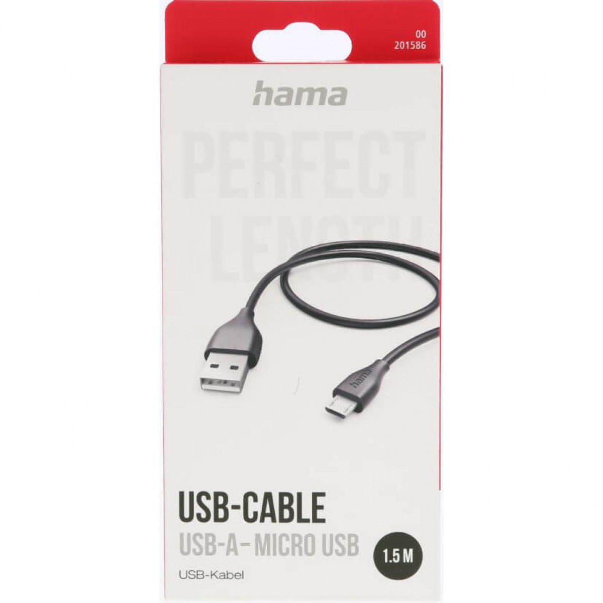 USB-A naar Micro USB-kabel in een rood-witte doos. De kabel is zwart.