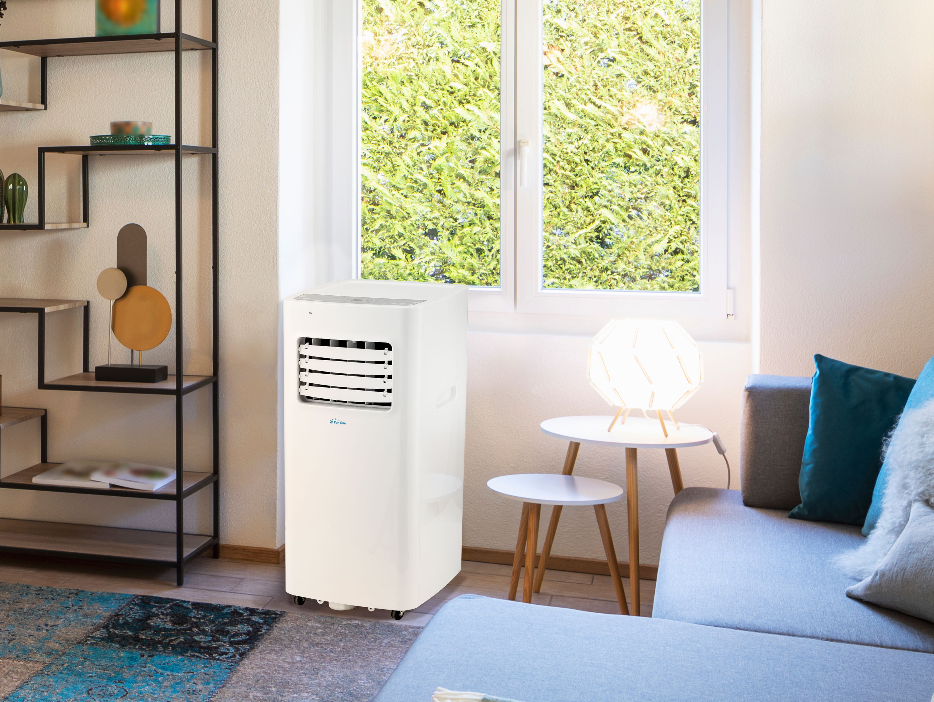 PURLINE Tragbares Klimagerät mit mobile A) Klimaanlage Weiß Kühlleistung EEK: m², 1750 15 Fernbedienung und (Max. Raumgröße
