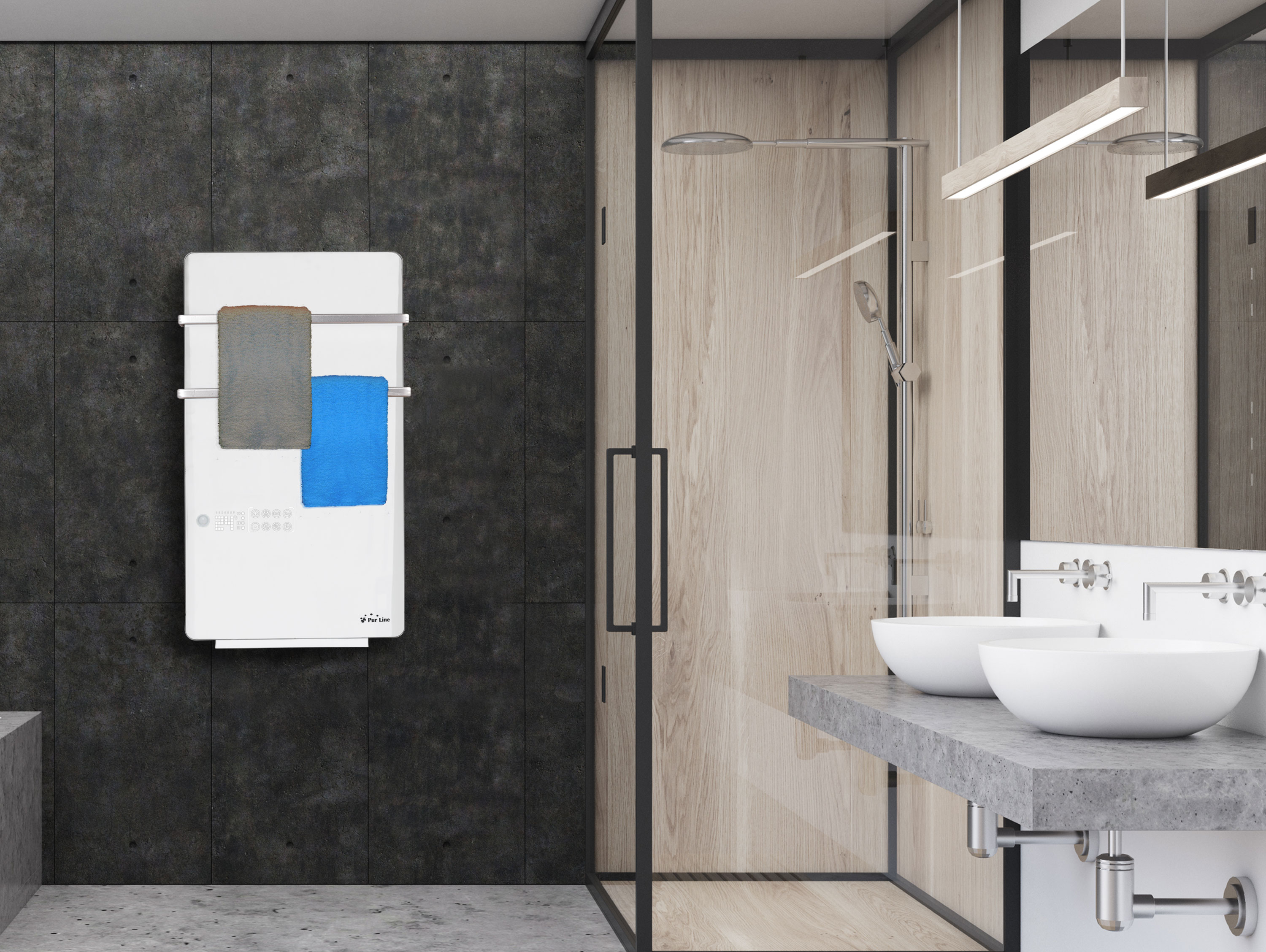 Un baño moderno con un toallero blanco y dos toallas, con una ducha y lavabos al fondo.
