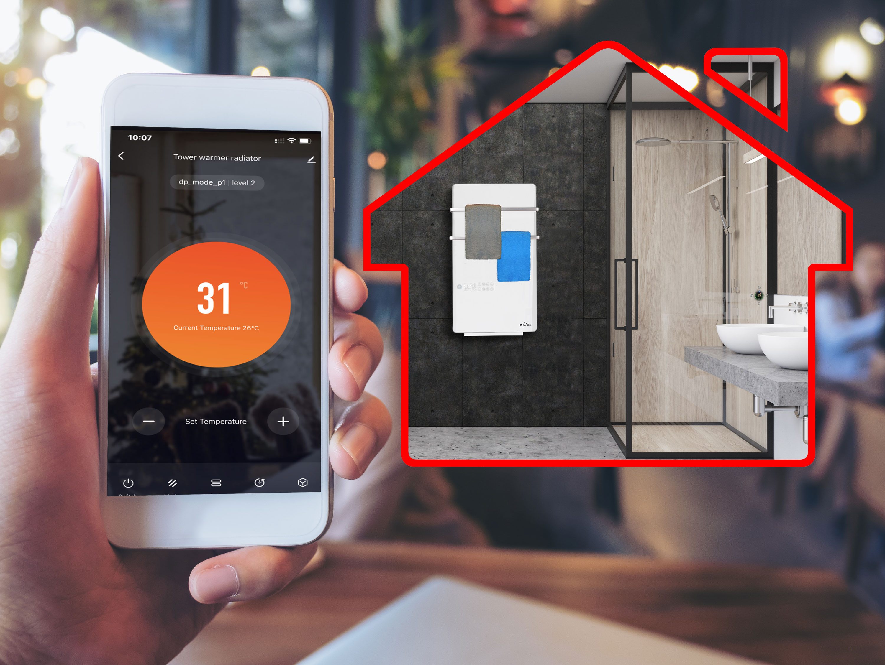 Una persona usando un teléfono para controlar un radiador inteligente. Un contorno de casa destaca el baño.