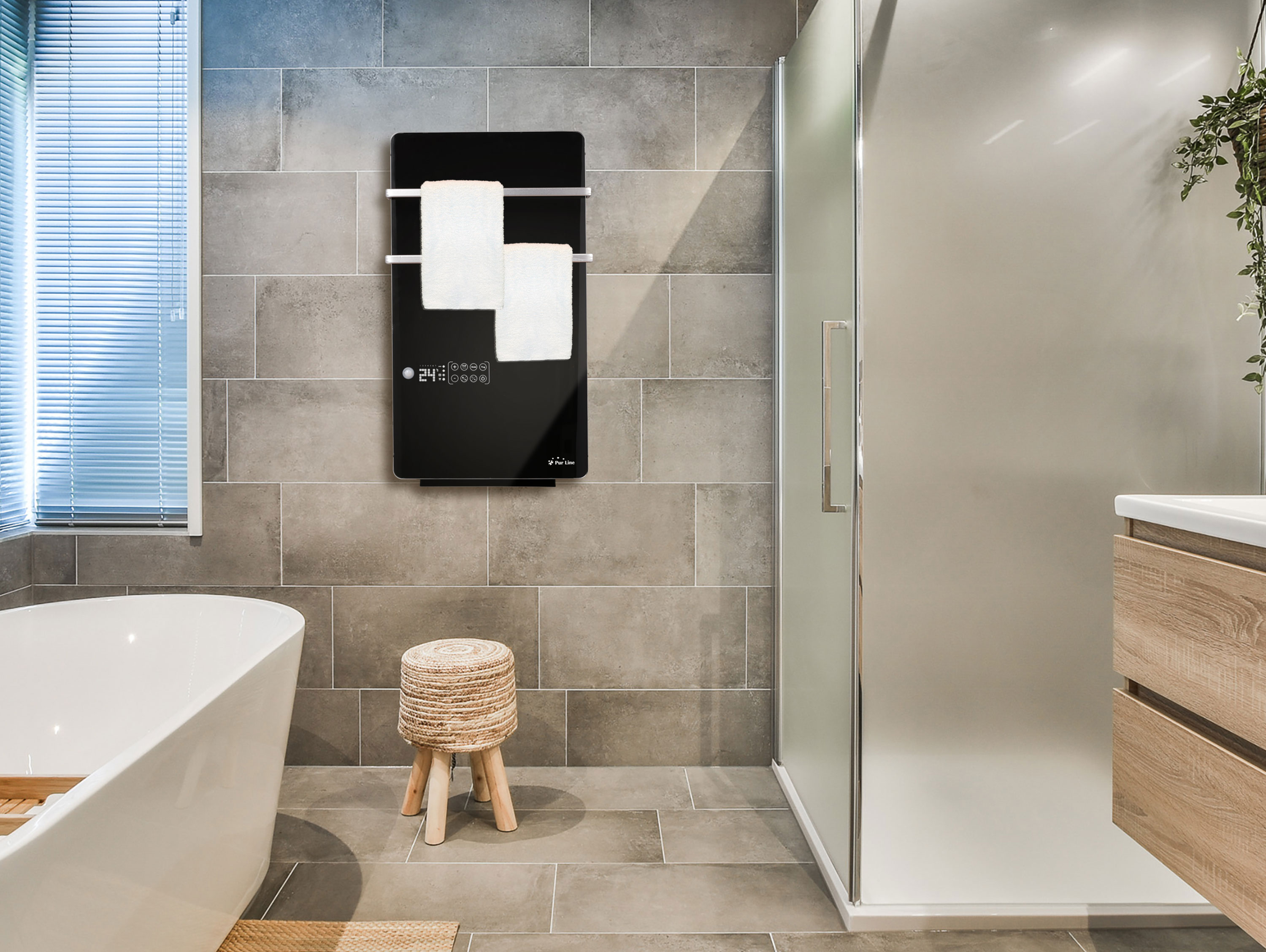 Baño con calentador de toallas, bañera, taburete y ducha, con paredes de azulejos grises.