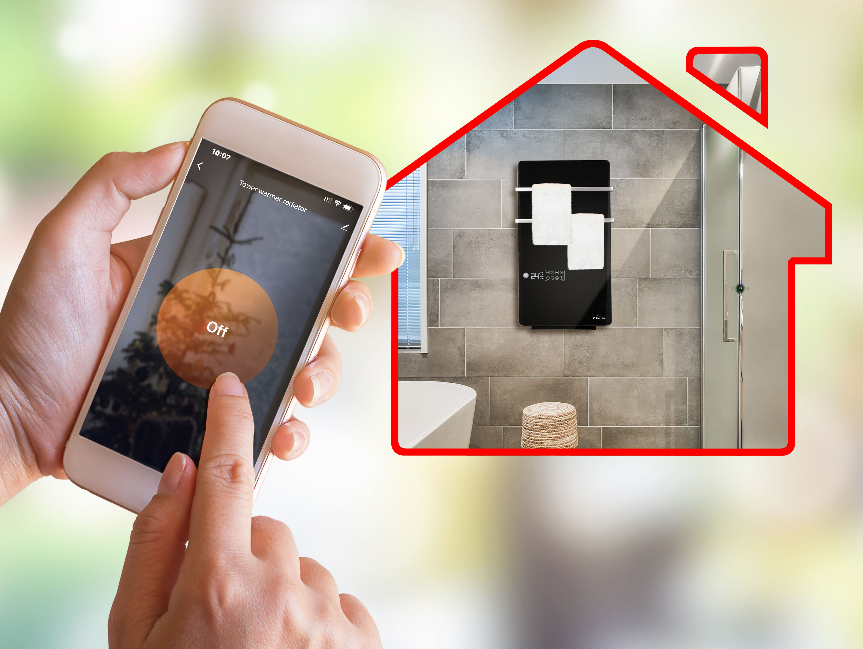 Una mano usando un smartphone para encender un toallero inteligente dentro de un contorno de casa.