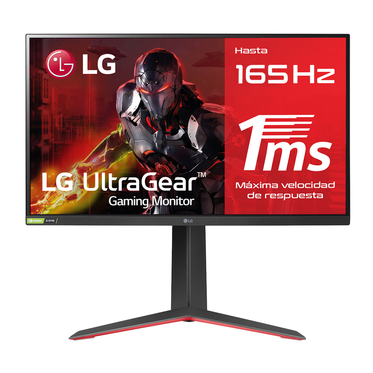 Schwarzer LG UltraGear Gaming-Monitor. Rote Akzente. Zeigt einen Gamer und Text zur Bildwiederholfrequenz.