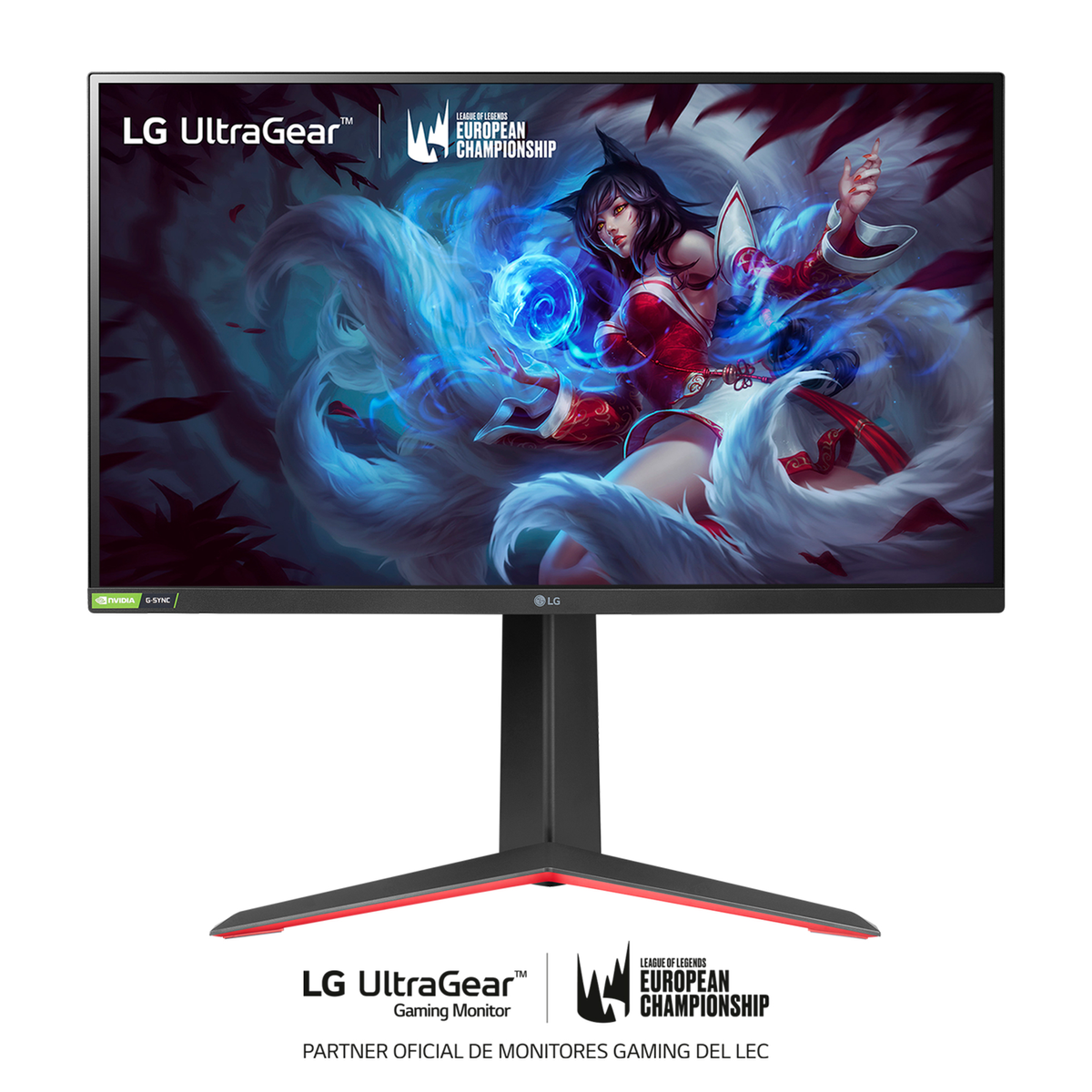 Gaming-Monitor mit Spielbildschirm, LG UltraGear-Logo und LEC-Logo.