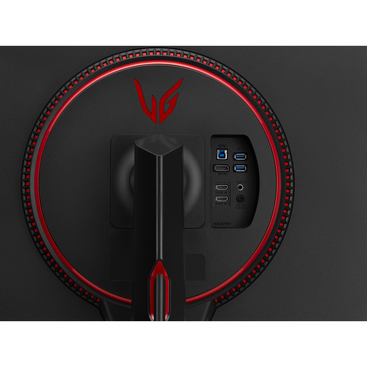Rückseite eines schwarzen Gaming-Monitors mit roten Akzenten und Anschlüssen.