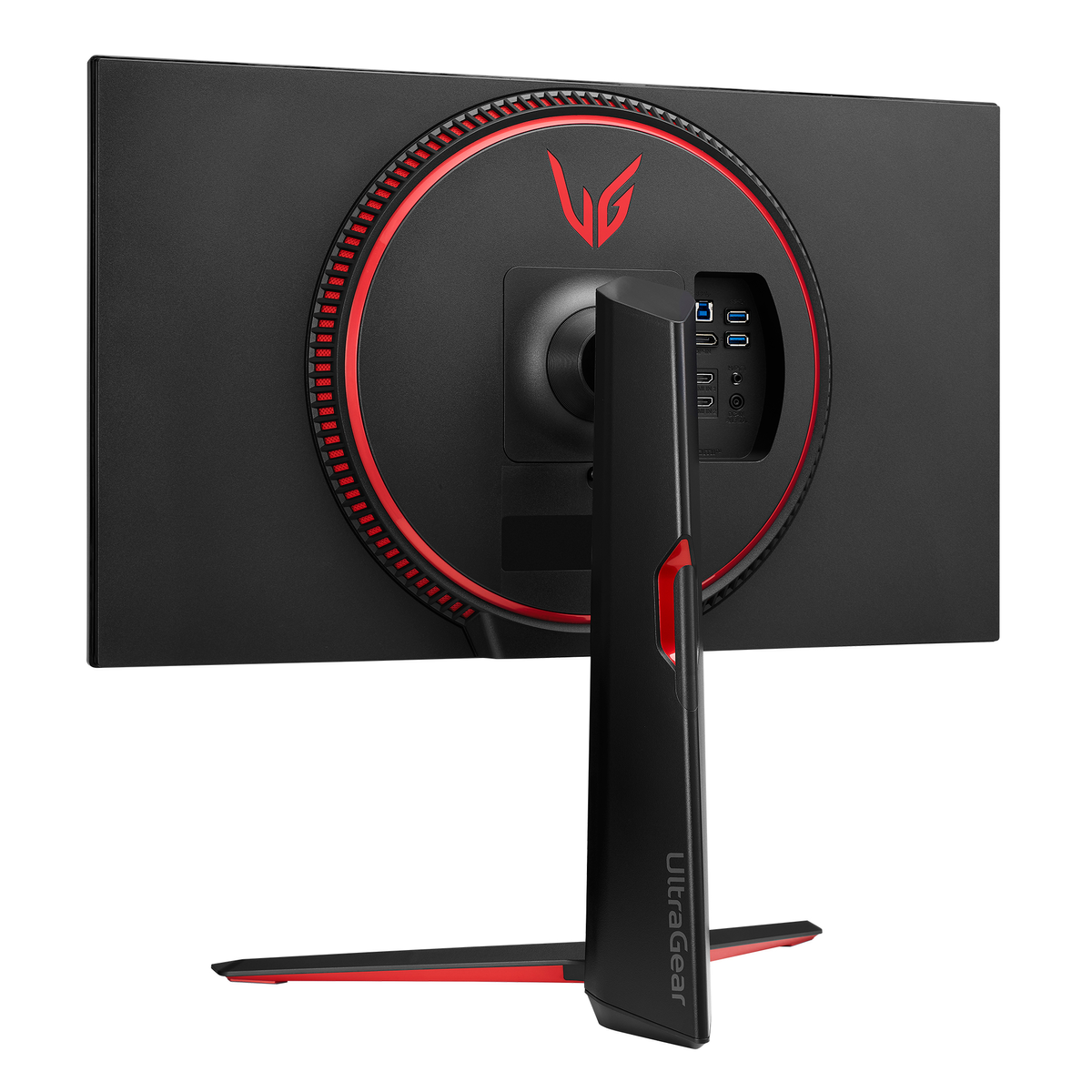 Die Rückseite eines schwarzen und roten LG UltraGear Monitors mit Anschlüssen und Ständer.