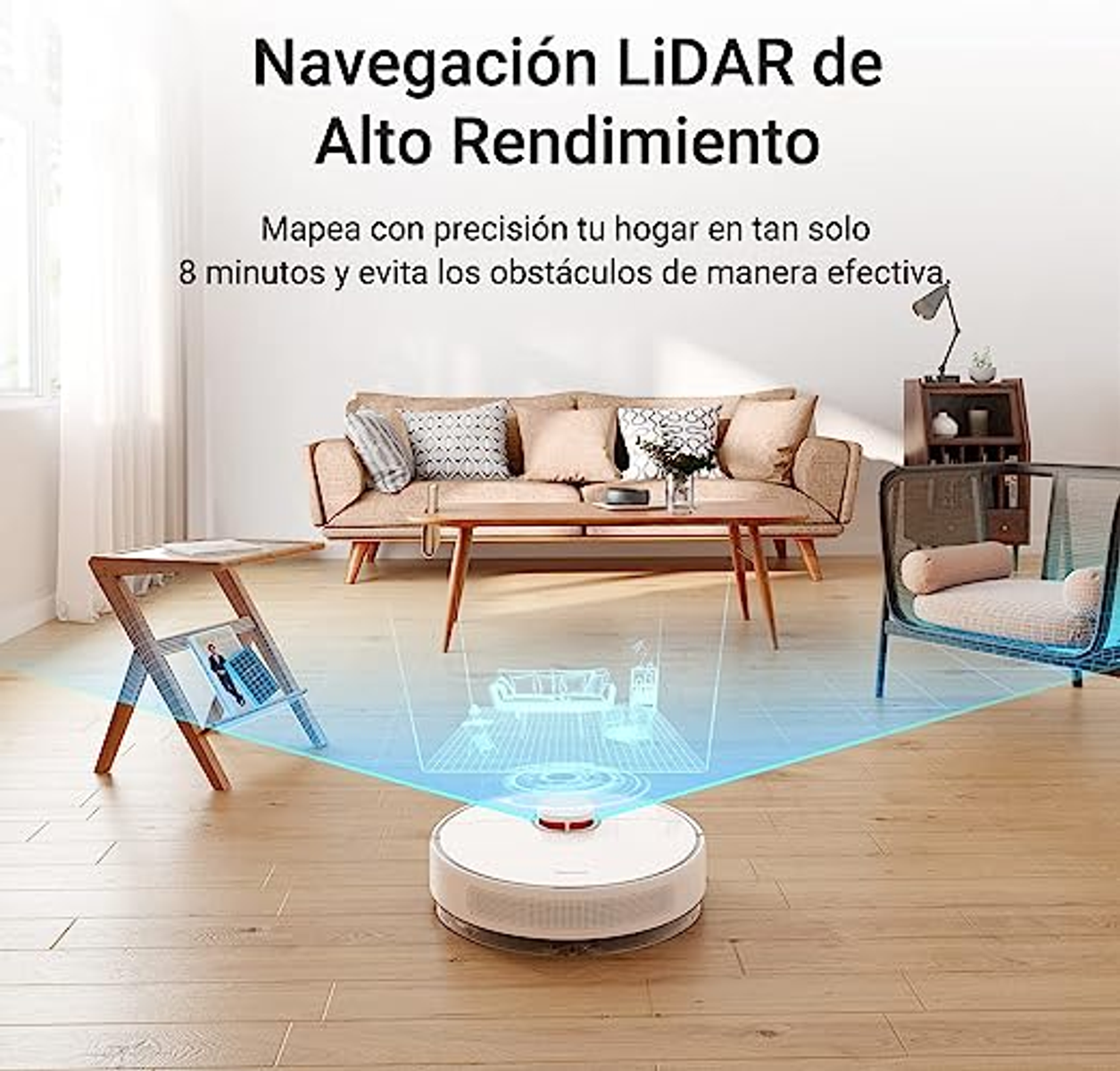Robot aspirador mapeando una habitación con muebles.