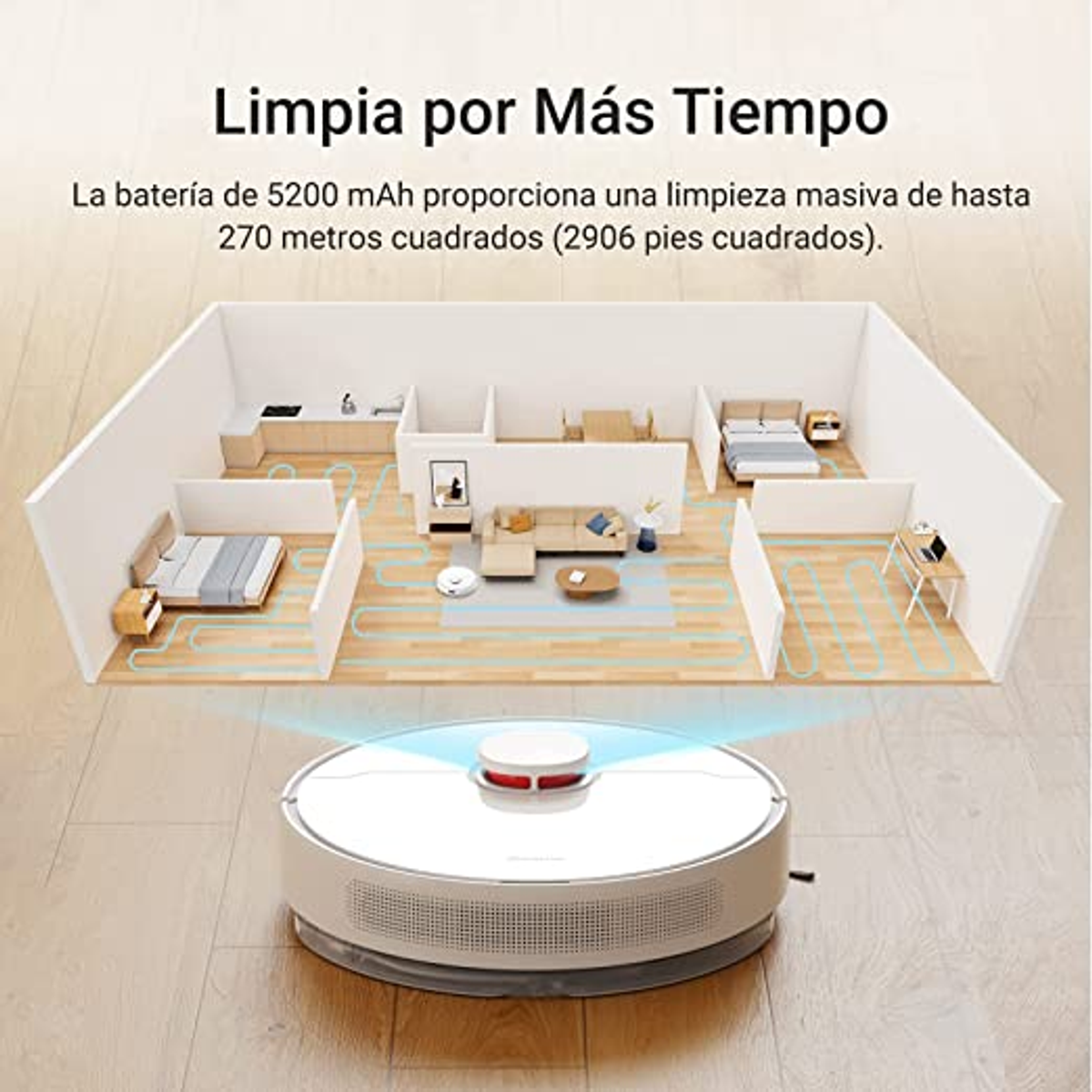 Una aspiradora robótica limpia una habitación con un diagrama de la planta de la casa.