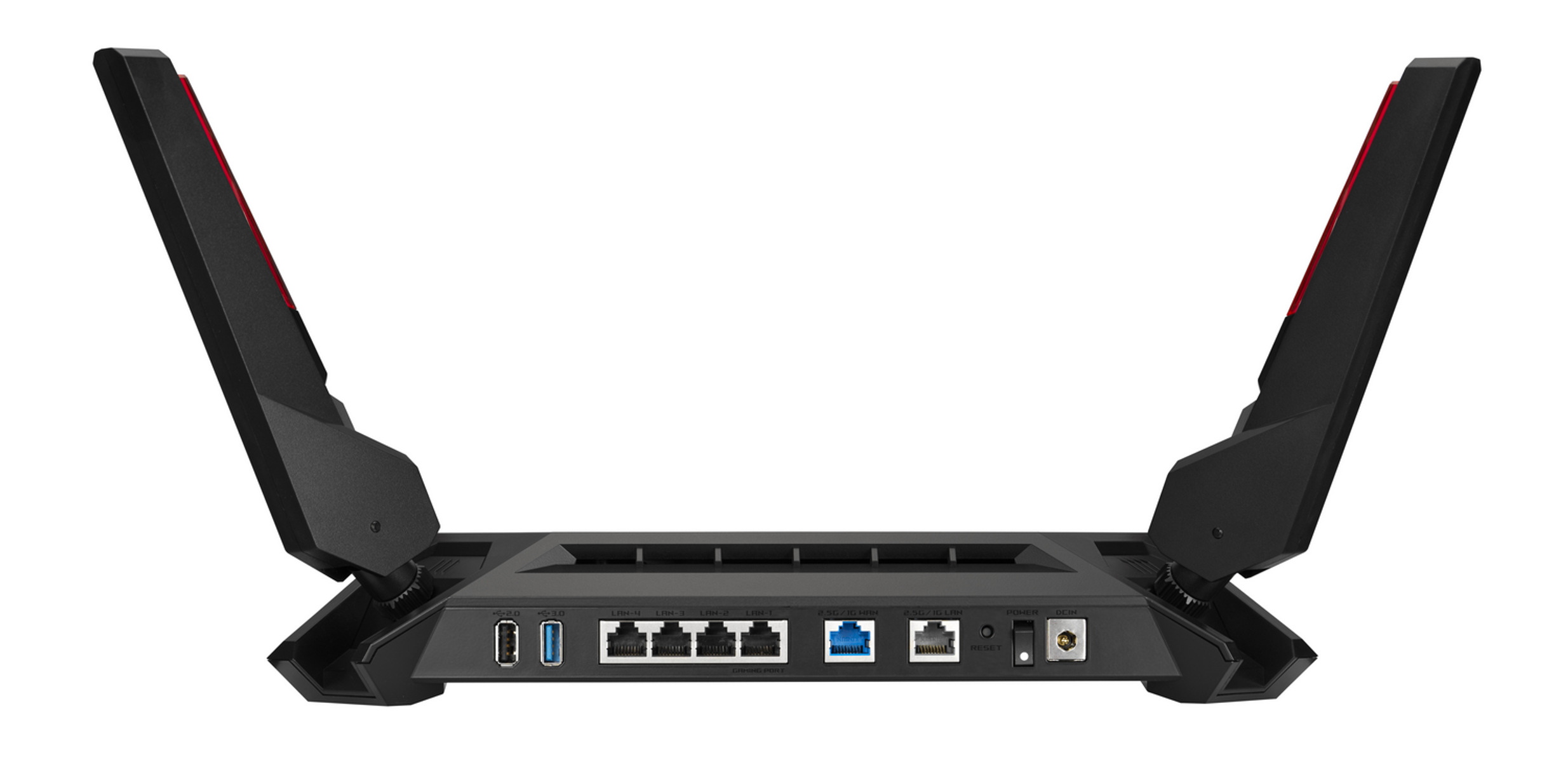 Czarny router z dwiema kątowymi antenami. Wiele portów i wskaźników. Białe tło.