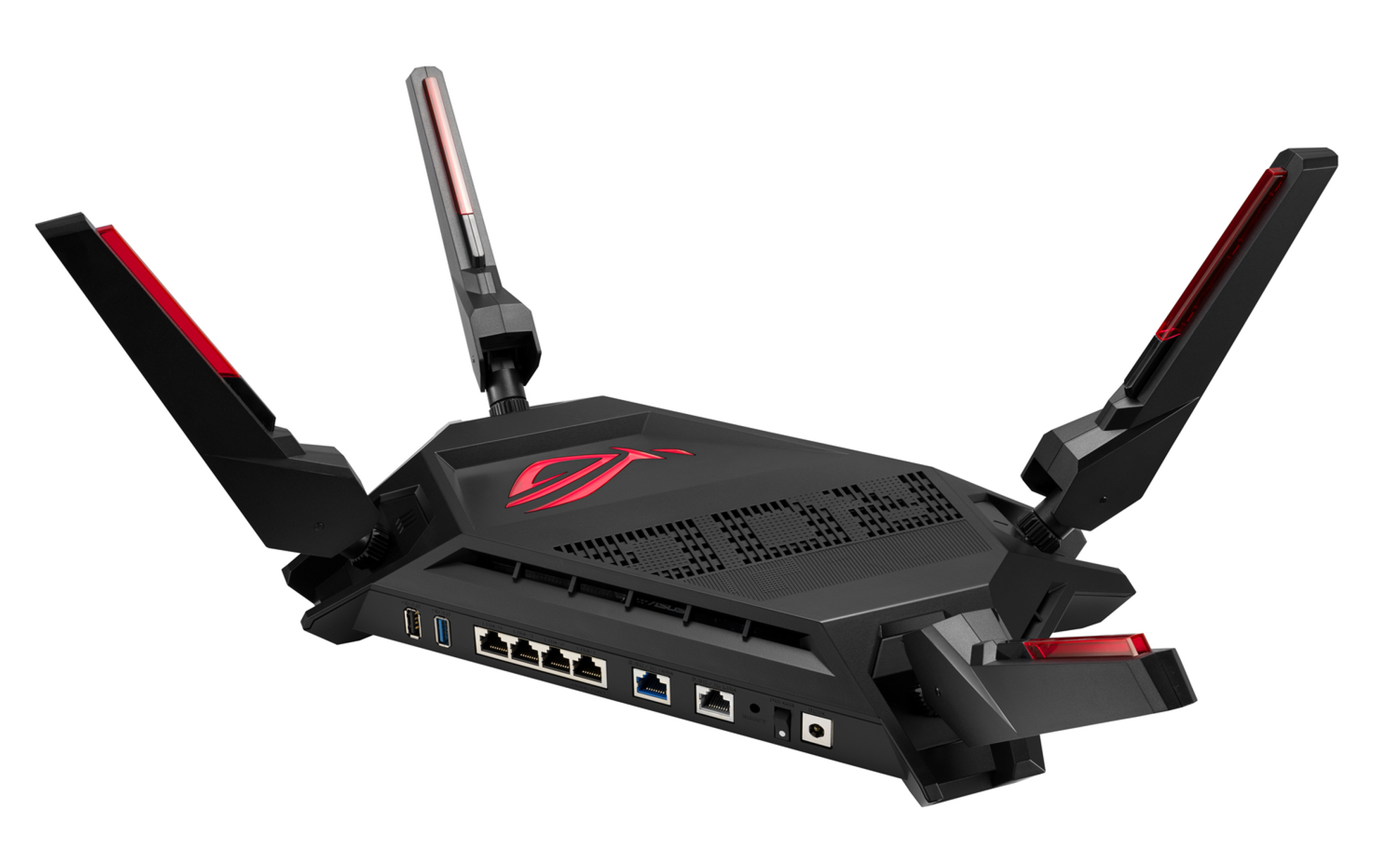 Czarny router z trzema antenami rozciągającymi się w górę i dwiema po bokach. Router znajduje się na białym tle.
