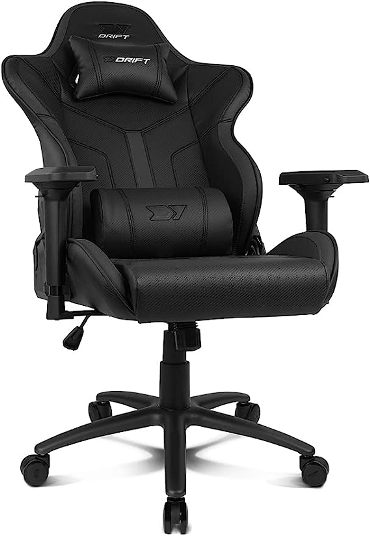 Schwarzer Gaming-Stuhl mit Kopfstütze, Lendenwirbelstütze, Armlehnen und Rollen.