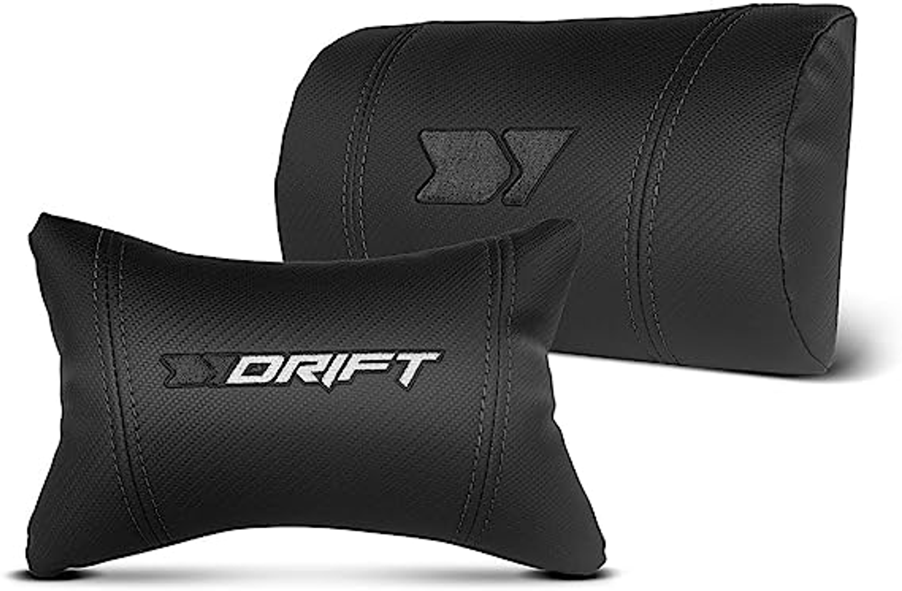 Schwarze Kopfstützenkissen für Autos mit "DRIFT" und Logo. Die Kissen sind auf weißem Hintergrund.