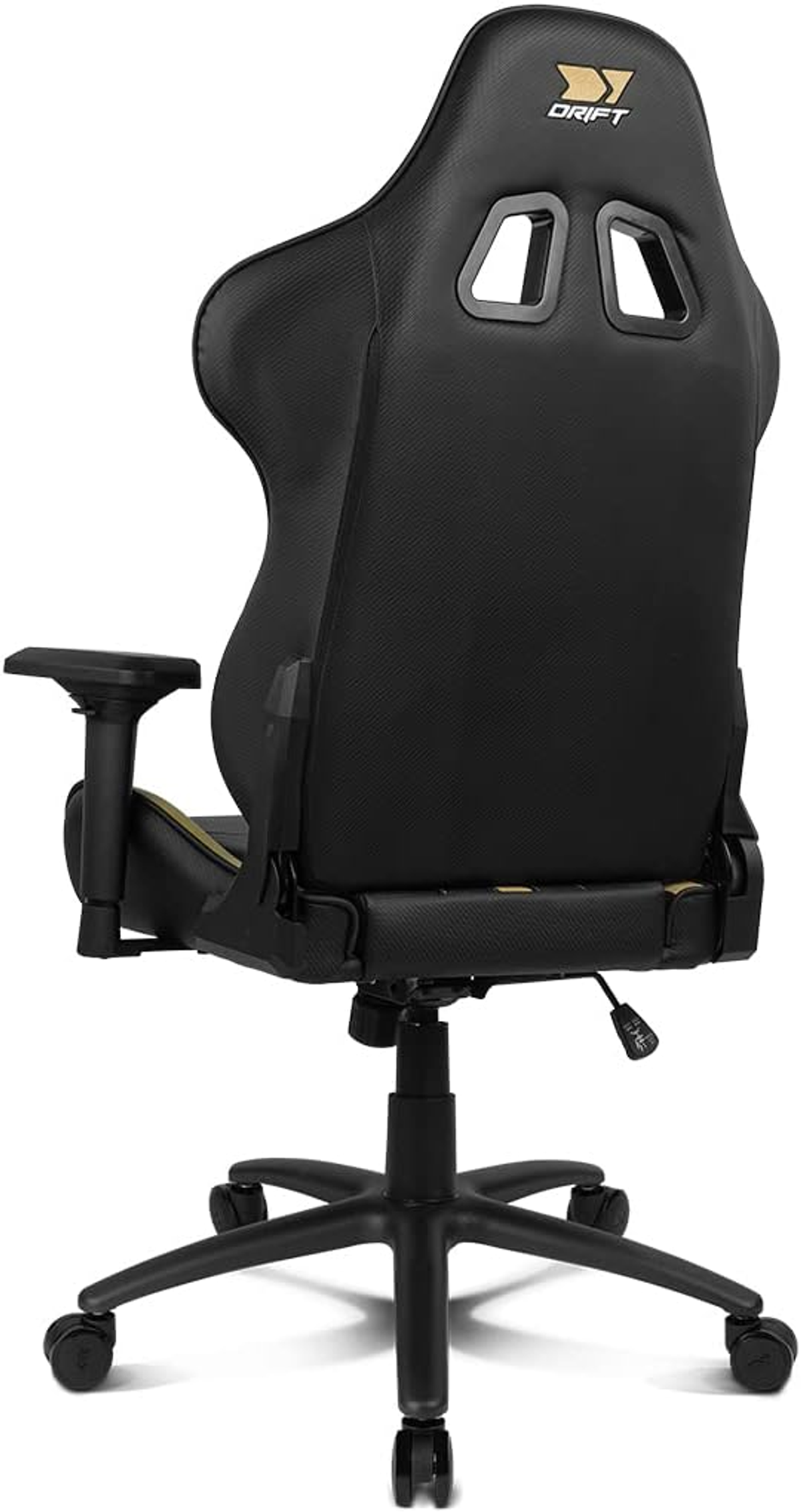 Rückansicht eines schwarzen Drift-Gaming-Stuhls mit Rücken im Carbonfaser-Stil.